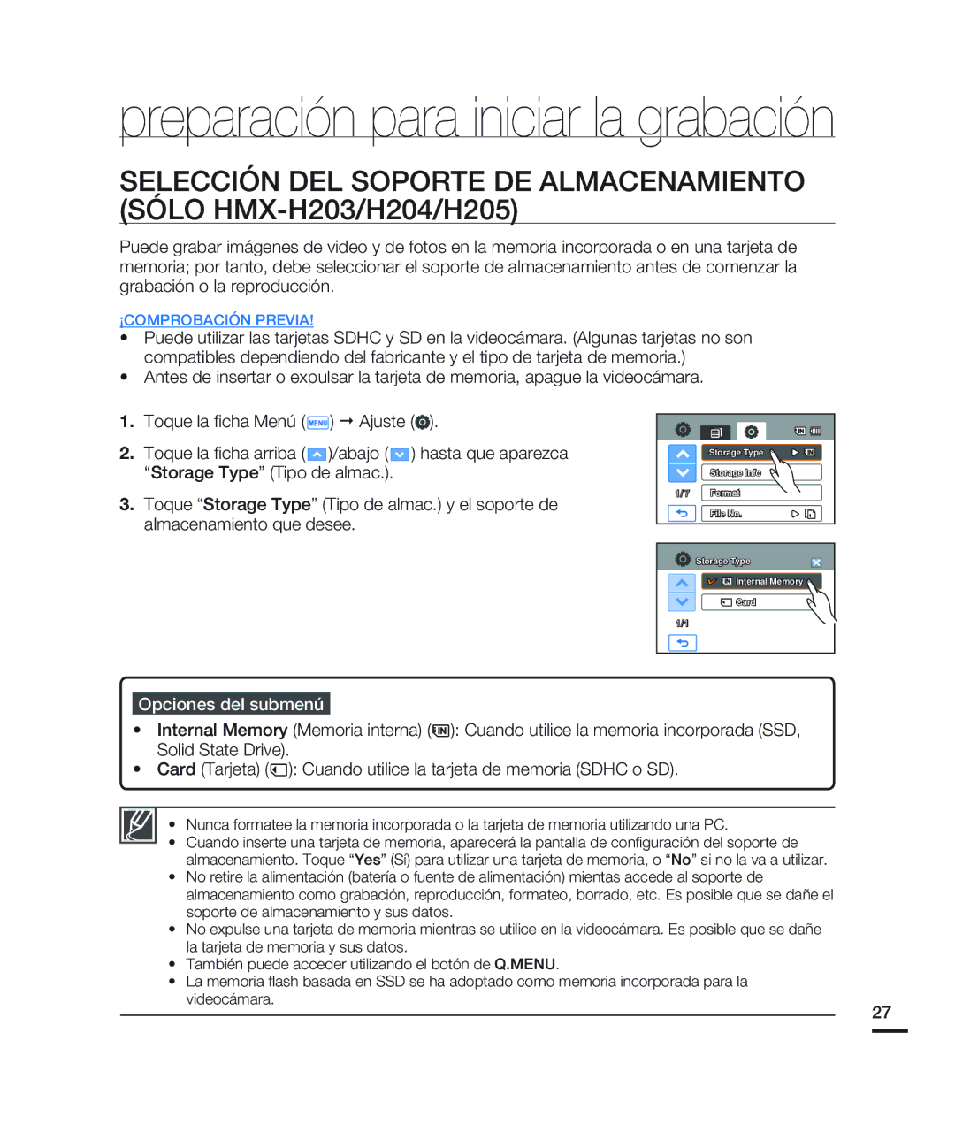 Samsung HMX-H200BN/XAA manual Preparación para iniciar la grabación, Opciones del submenú 