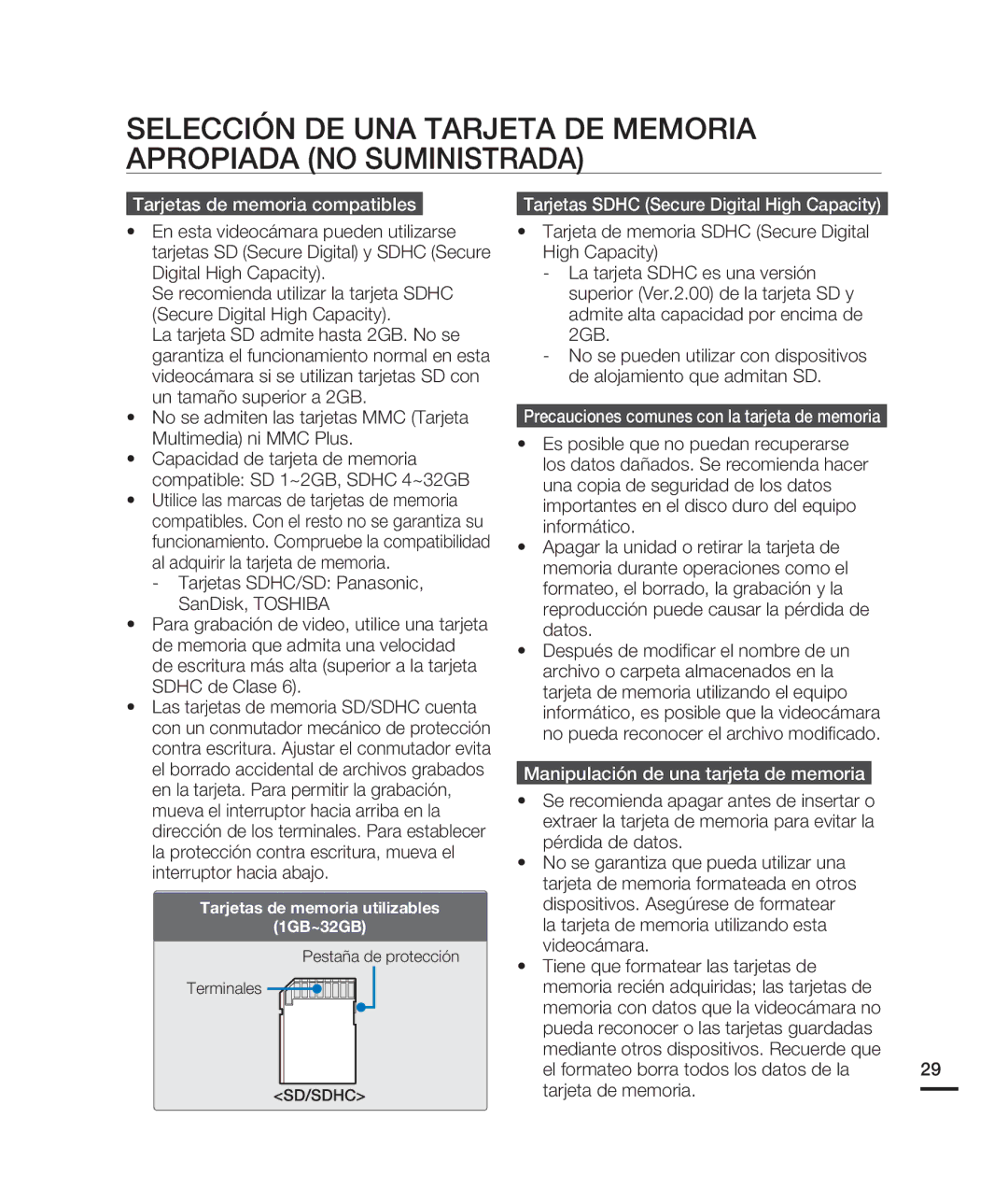 Samsung HMX-H200BN/XAA manual Tarjetas de memoria compatibles, Tarjetas Sdhc Secure Digital High Capacity 