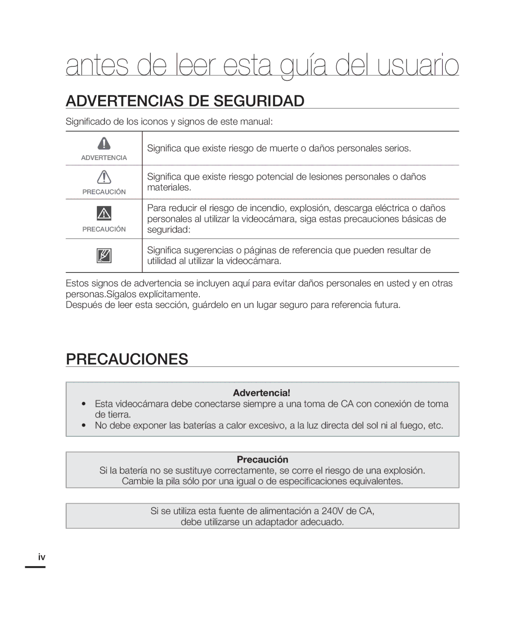 Samsung HMX-H200BN/XAA manual Advertencias DE Seguridad, Precauciones, Materiales 