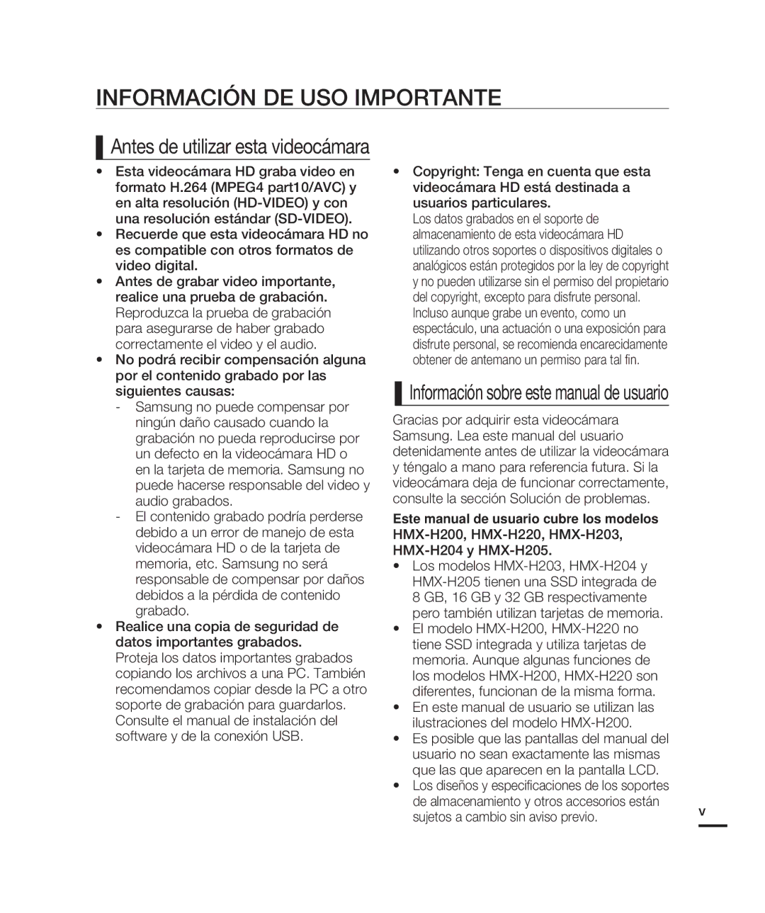 Samsung HMX-H200BN/XAA manual Información DE USO Importante, Antes de utilizar esta videocámara 