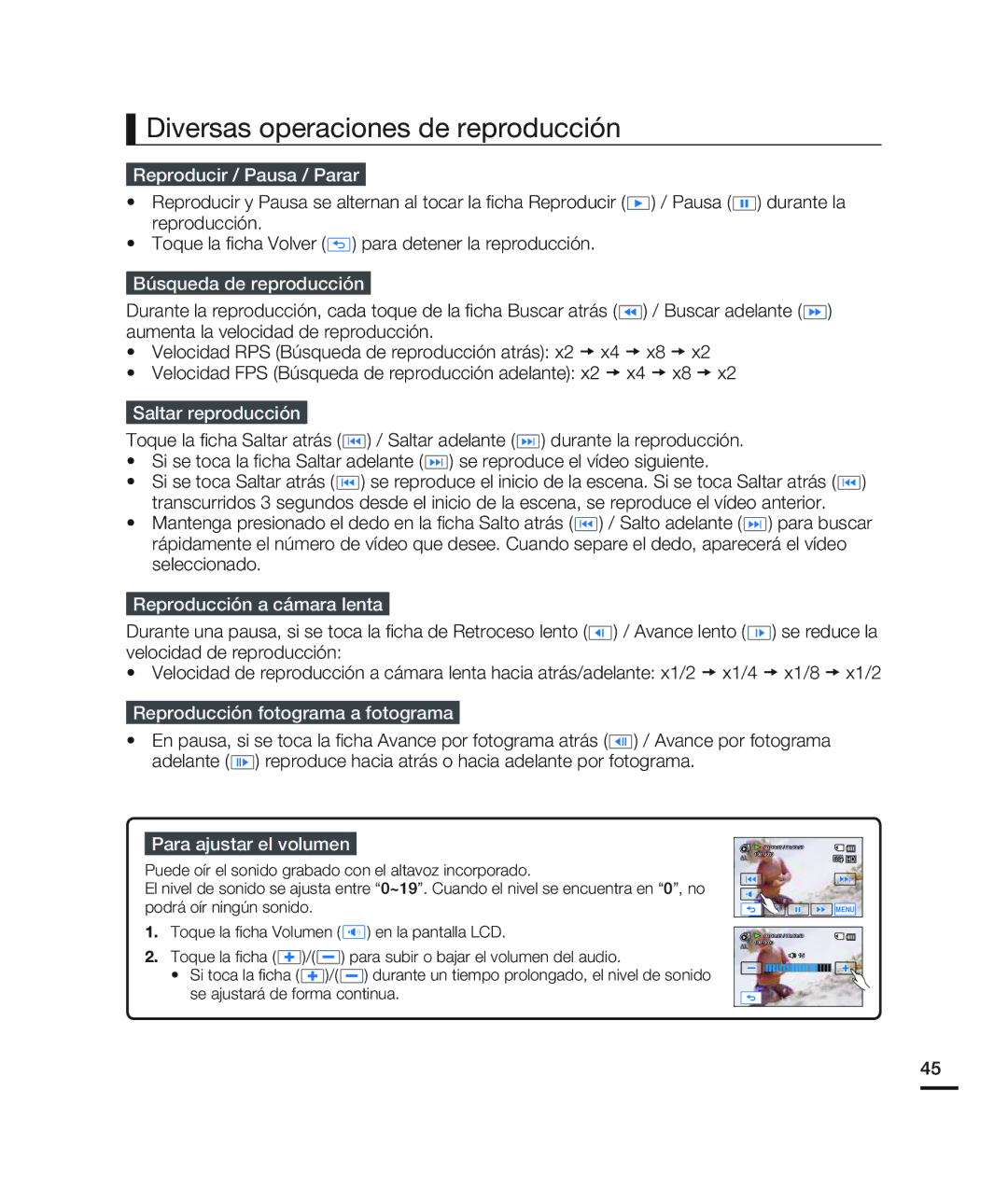 Samsung HMX-H200BN/XAA manual Diversas operaciones de reproducción 