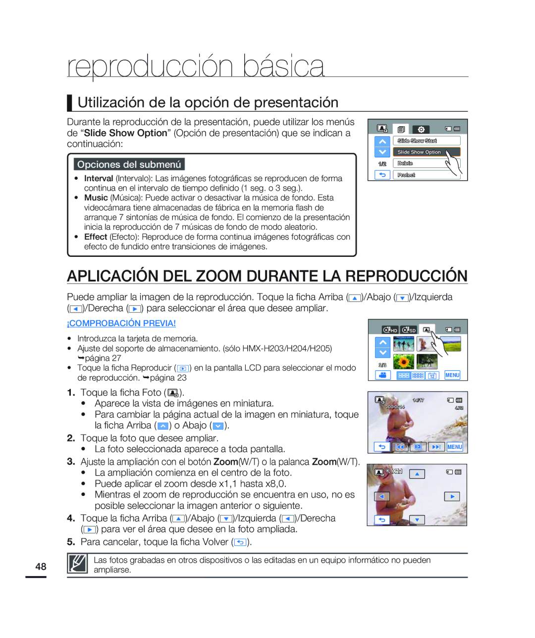 Samsung HMX-H200BN/XAA manual Aplicación DEL Zoom Durante LA Reproducción, Utilización de la opción de presentación 