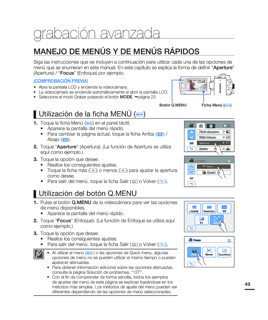 Samsung HMX-H200BN/XAA manual Grabación avanzada, Manejo DE Menús Y DE Menús Rápidos, Utilización de la ﬁcha Menú 