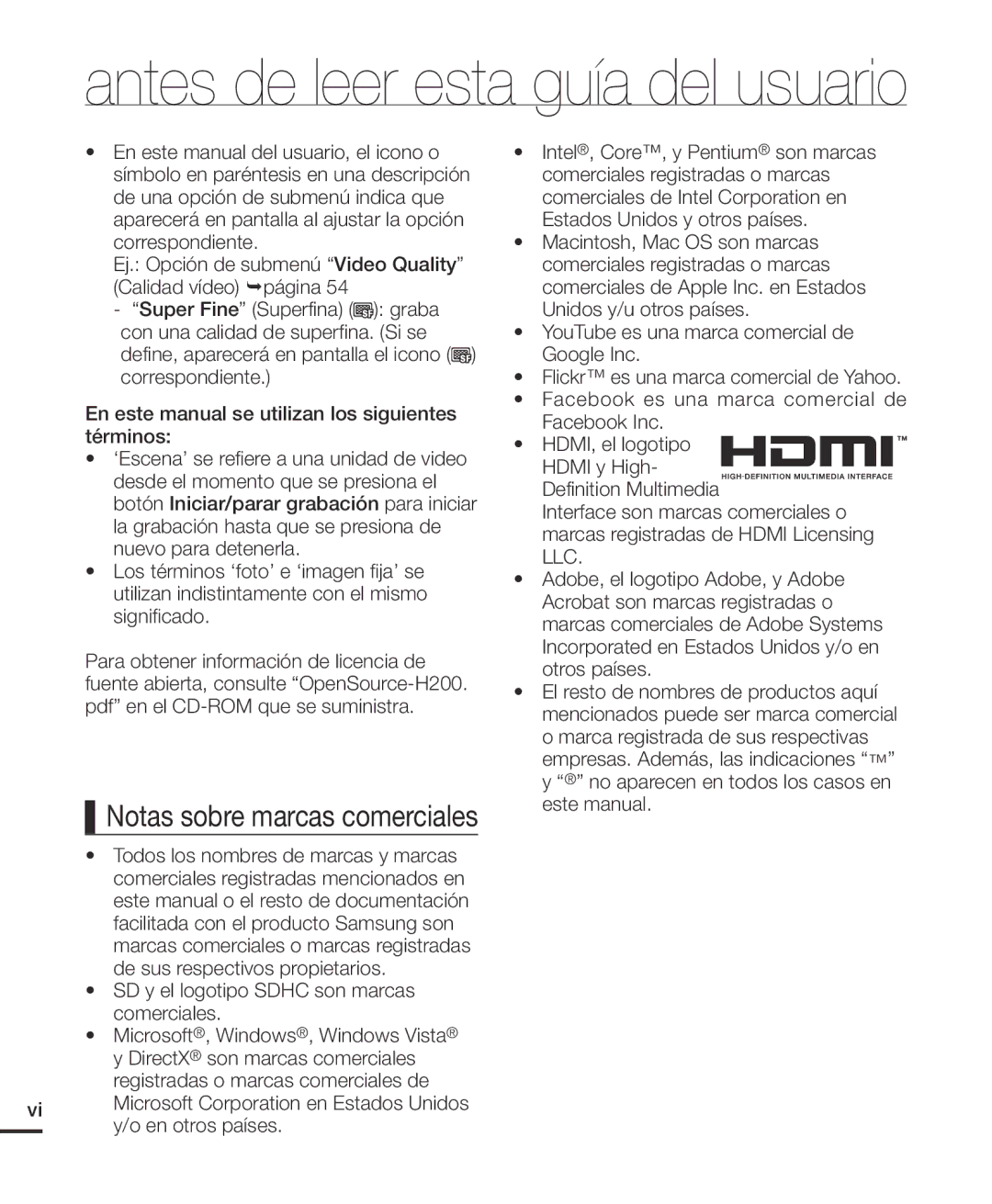 Samsung HMX-H200BN/XAA manual Antes de leer esta guía del usuario 