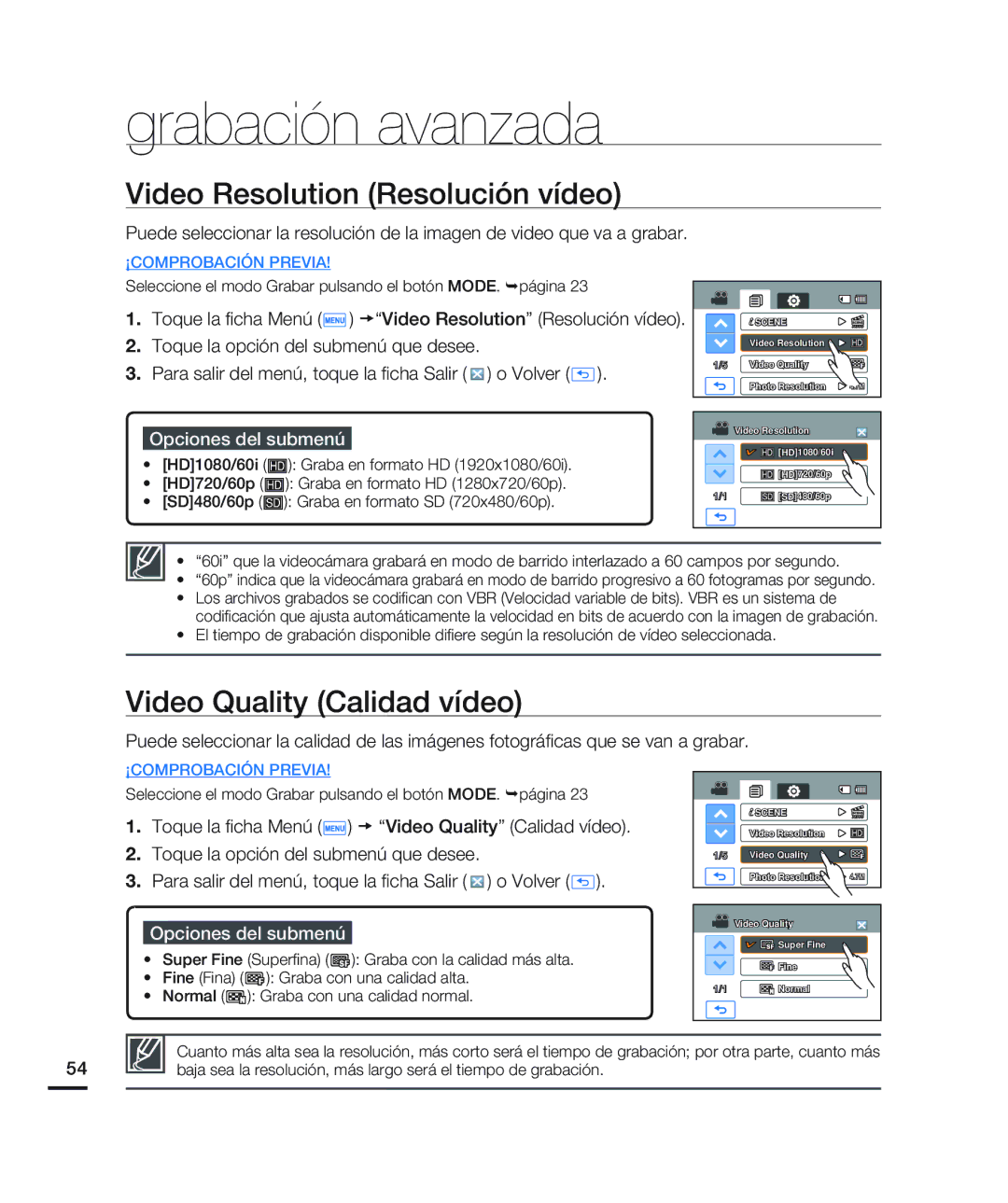 Samsung HMX-H200BN/XAA manual Video Resolution Resolución vídeo, Video Quality Calidad vídeo 