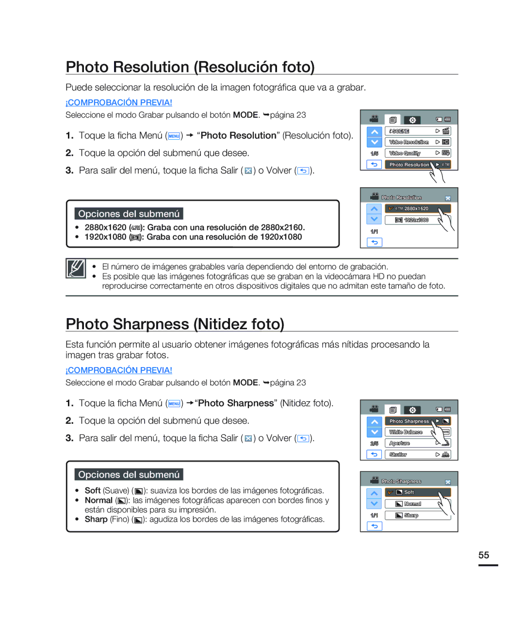 Samsung HMX-H200BN/XAA manual Photo Resolution Resolución foto, Photo Sharpness Nitidez foto 