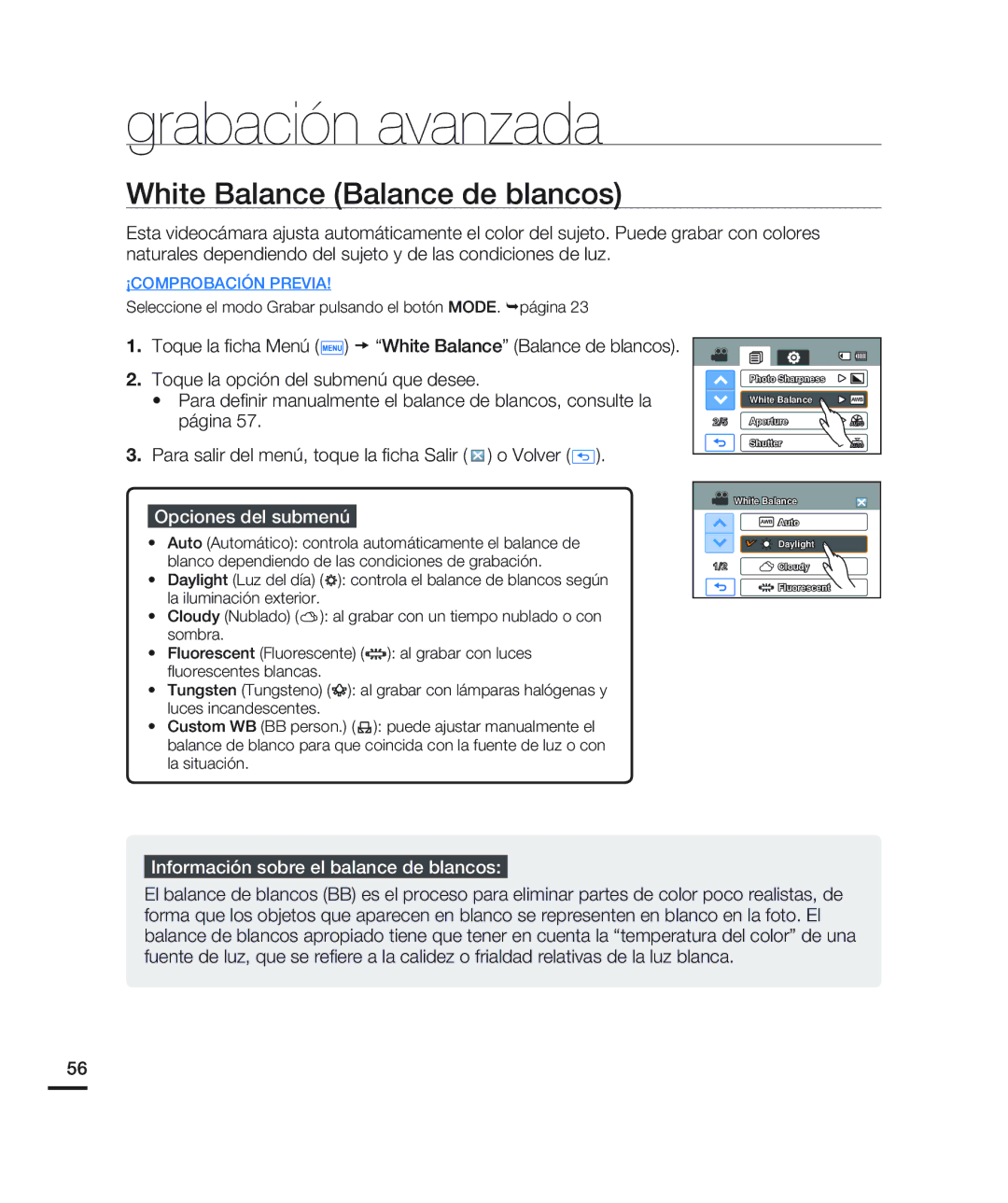 Samsung HMX-H200BN/XAA manual White Balance Balance de blancos, Información sobre el balance de blancos 