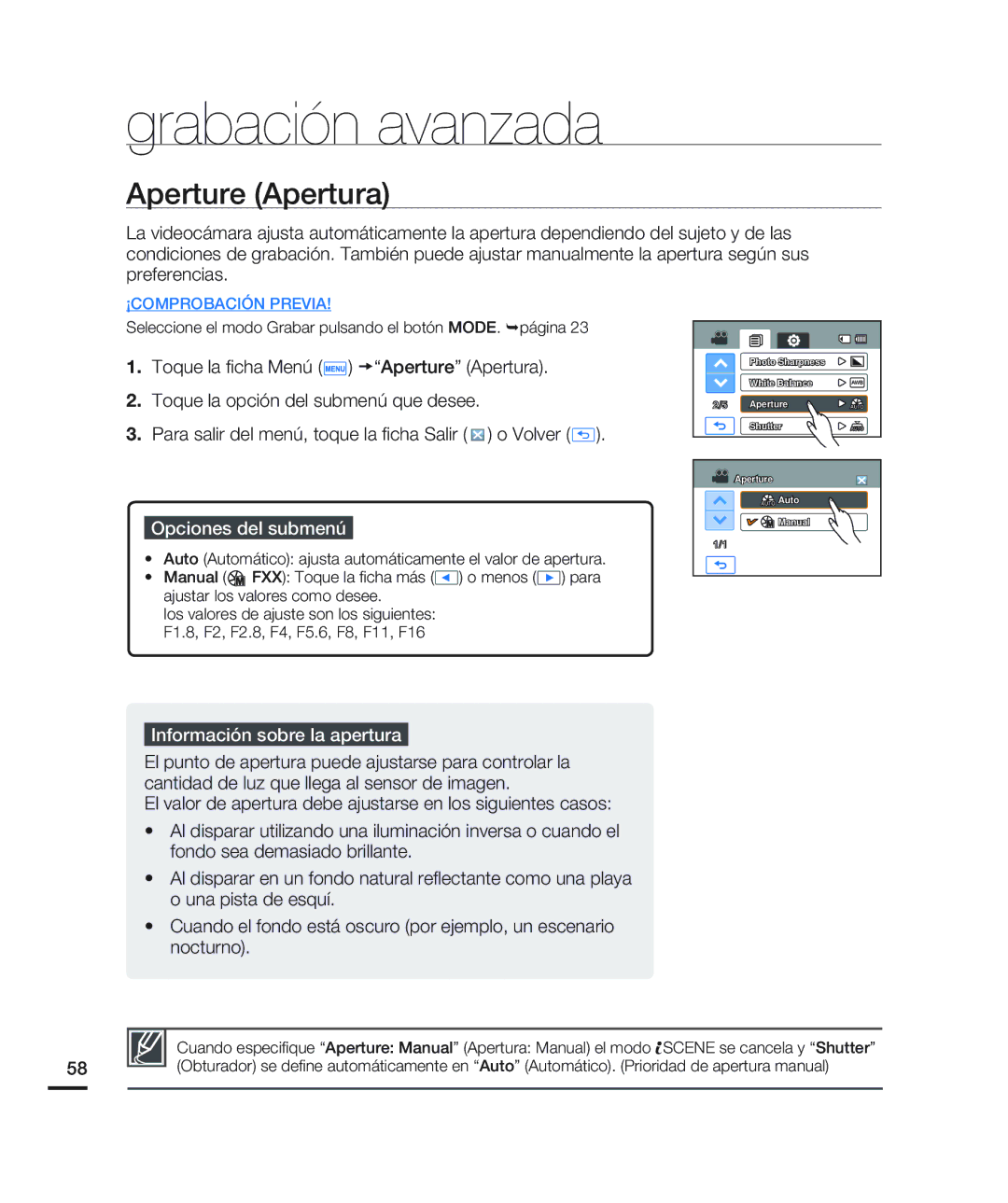 Samsung HMX-H200BN/XAA manual Aperture Apertura, Información sobre la apertura 