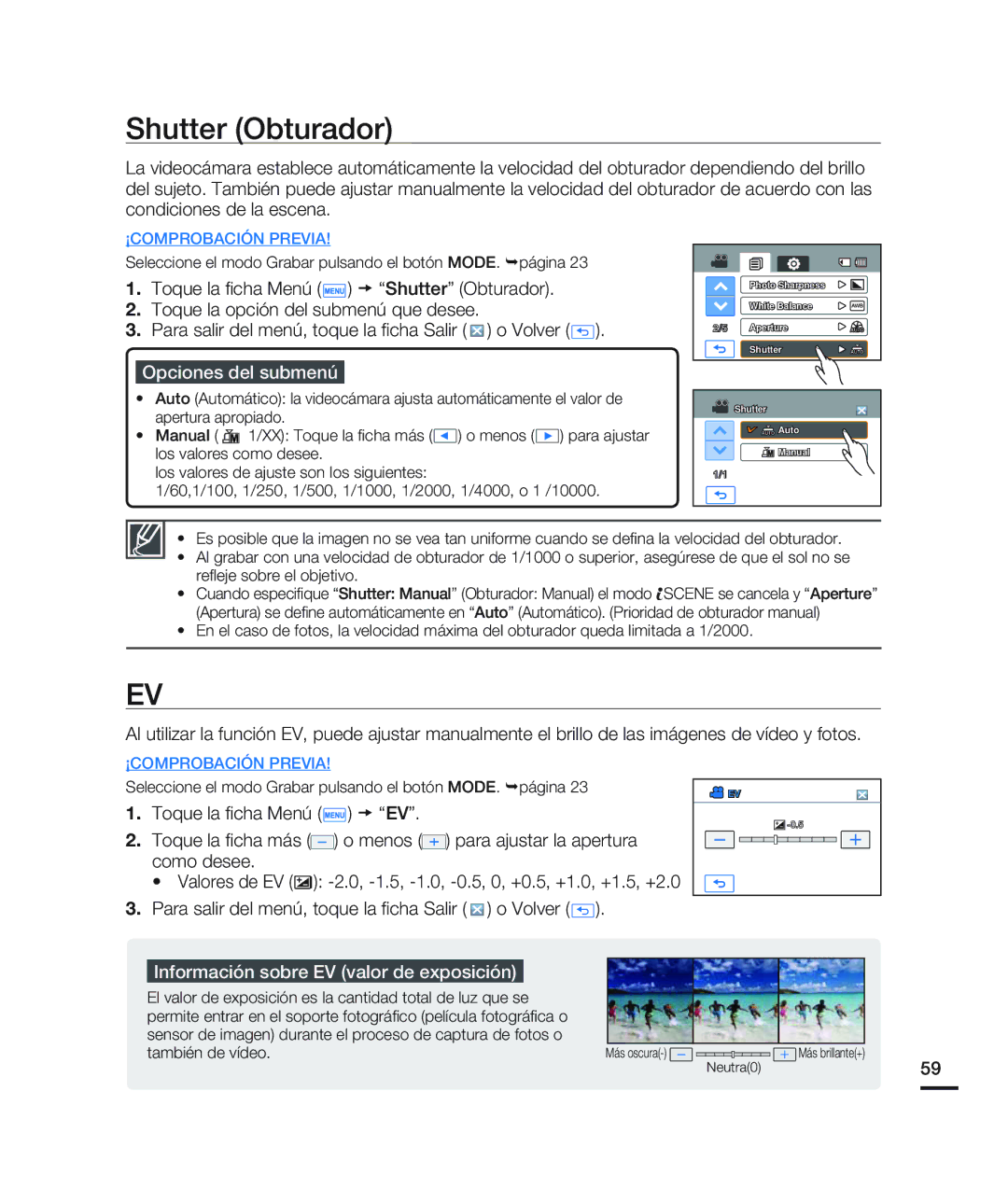 Samsung HMX-H200BN/XAA manual Shutter Obturador, Información sobre EV valor de exposición, También de vídeo 