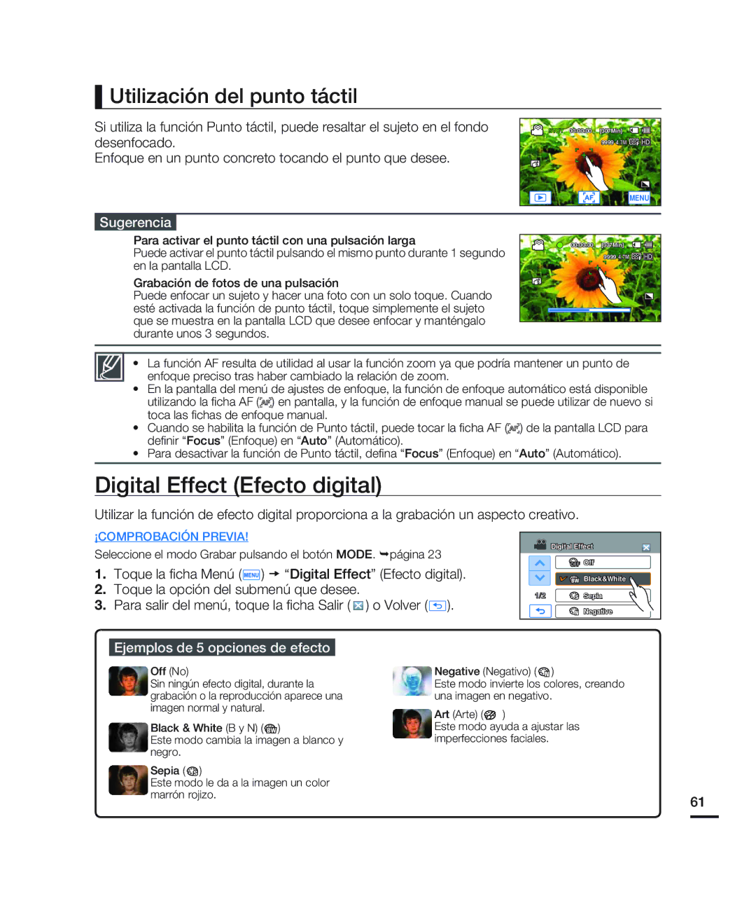 Samsung HMX-H200BN/XAA manual Digital Effect Efecto digital, Utilización del punto táctil, Ejemplos de 5 opciones de efecto 