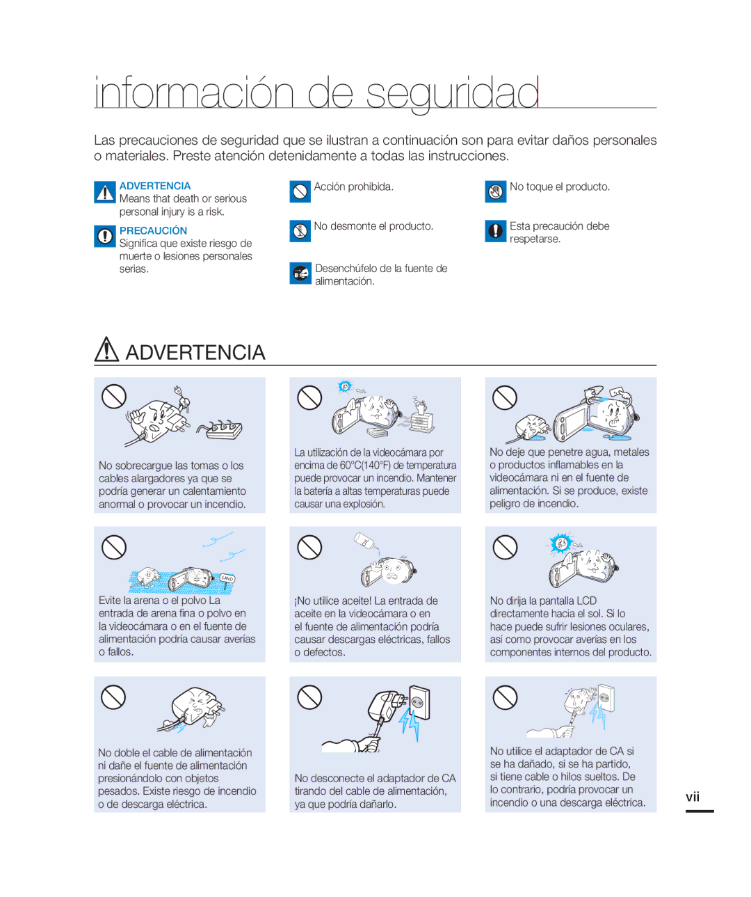 Samsung HMX-H200BN/XAA manual Información de seguridad, Vii 