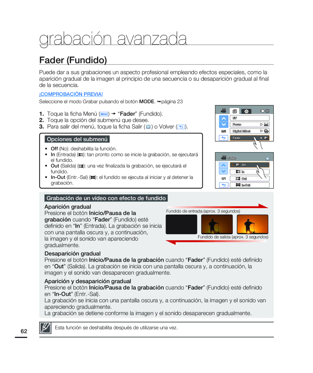 Samsung HMX-H200BN/XAA manual Fader Fundido, Grabación de un vídeo con efecto de fundido 