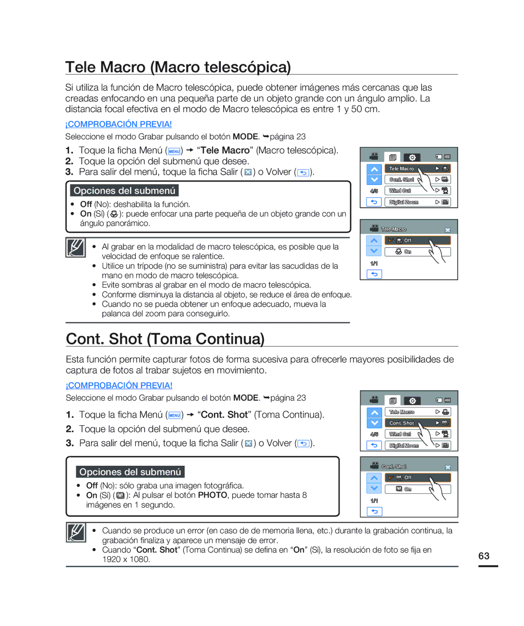 Samsung HMX-H200BN/XAA manual Tele Macro Macro telescópica, Cont. Shot Toma Continua 