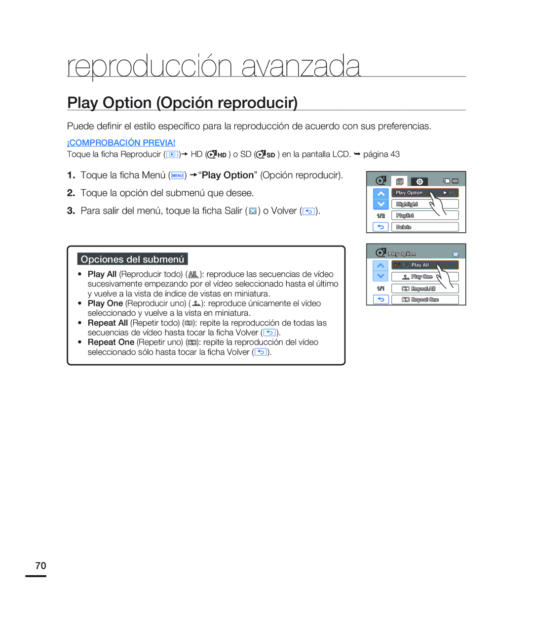Samsung HMX-H200BN/XAA manual Reproducción avanzada, Play Option Opción reproducir 