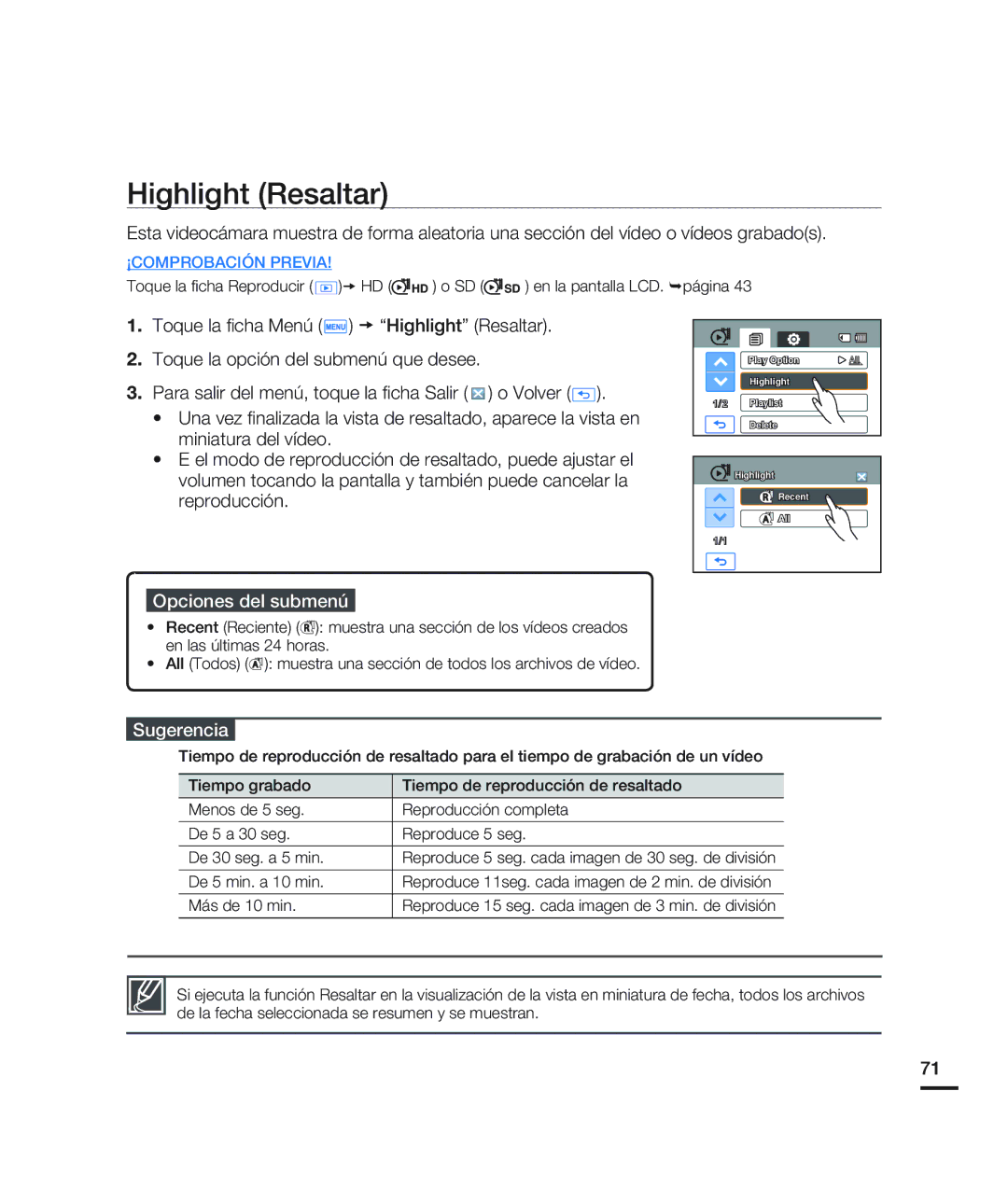 Samsung HMX-H200BN/XAA manual Highlight Resaltar, Sugerencia 