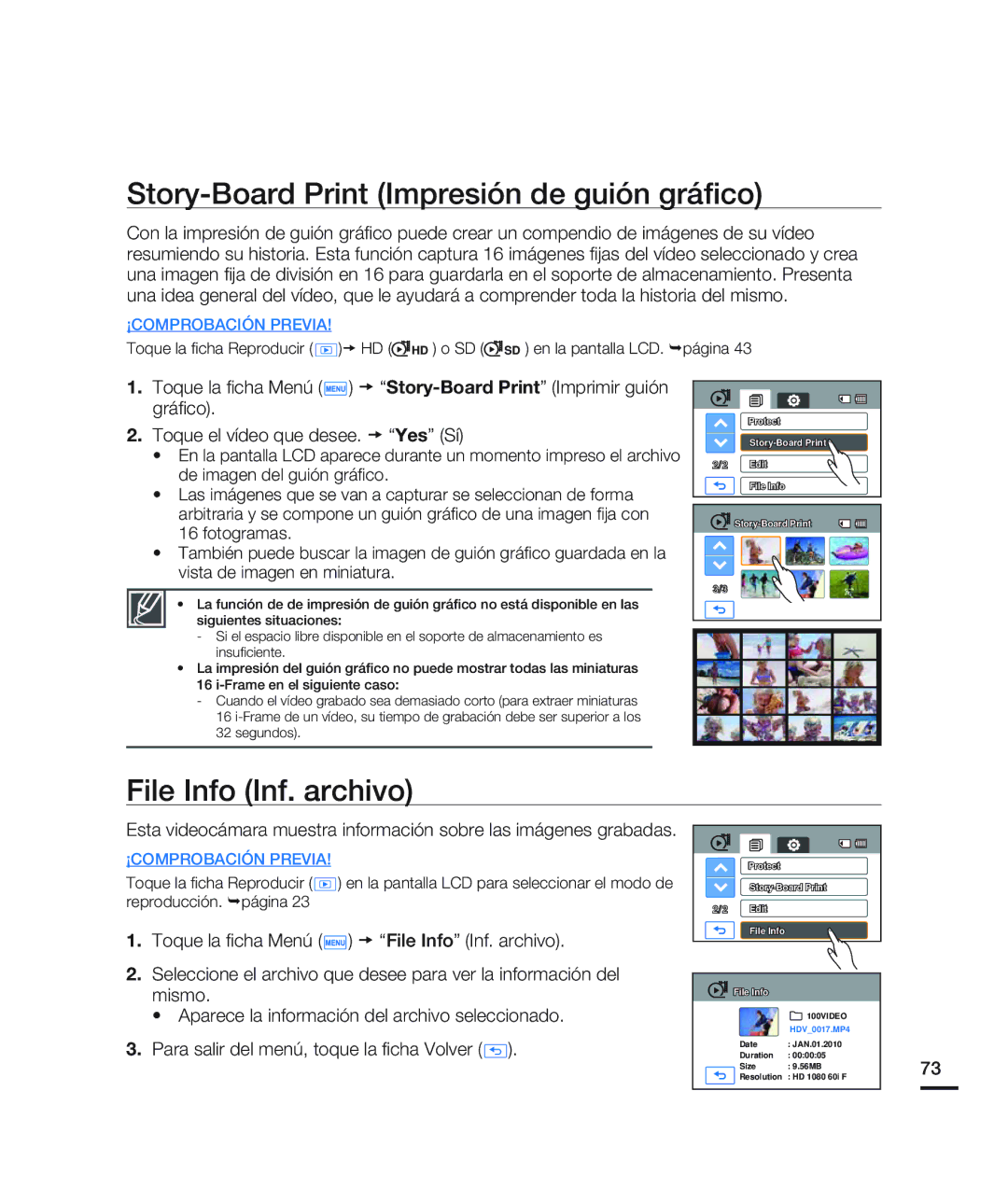 Samsung HMX-H200BN/XAA manual Story-Board Print Impresión de guión gráﬁco, File Info Inf. archivo 