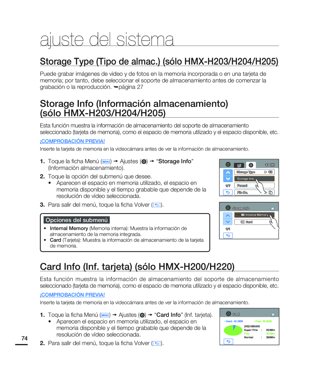 Samsung HMX-H200BN/XAA manual Ajuste del sistema, Storage Type Tipo de almac. sólo HMX-H203/H204/H205 