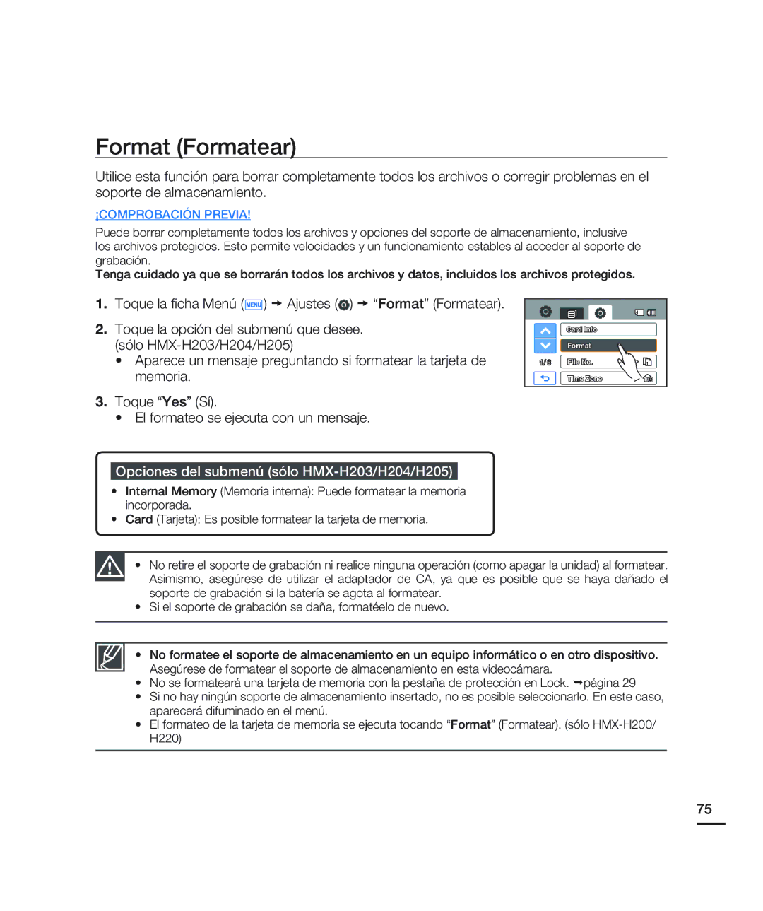 Samsung HMX-H200BN/XAA manual Format Formatear, Opciones del submenú sólo HMX-H203/H204/H205 