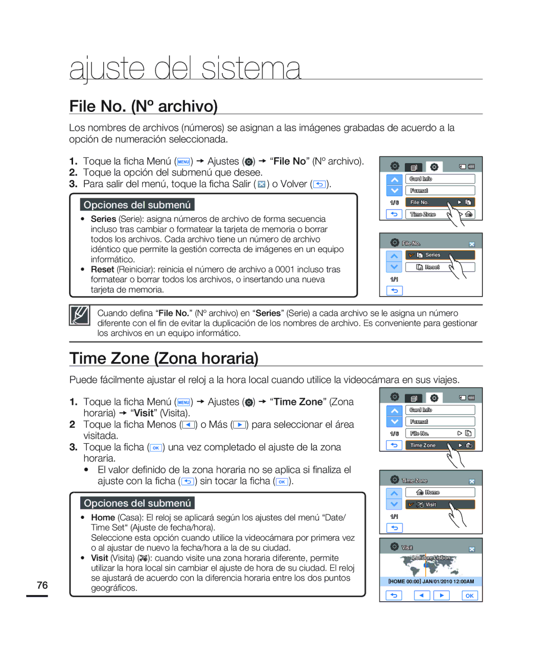 Samsung HMX-H200BN/XAA manual File No. Nº archivo, Time Zone Zona horaria, Geográﬁcos 