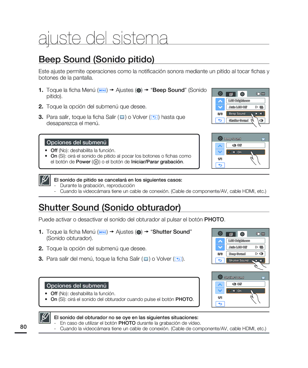 Samsung HMX-H200BN/XAA manual Beep Sound Sonido pitido, Shutter Sound Sonido obturador 