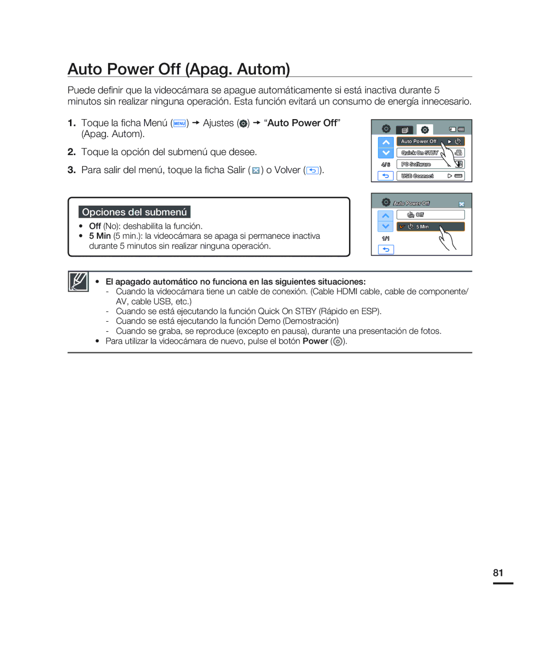 Samsung HMX-H200BN/XAA manual Auto Power Off Apag. Autom 