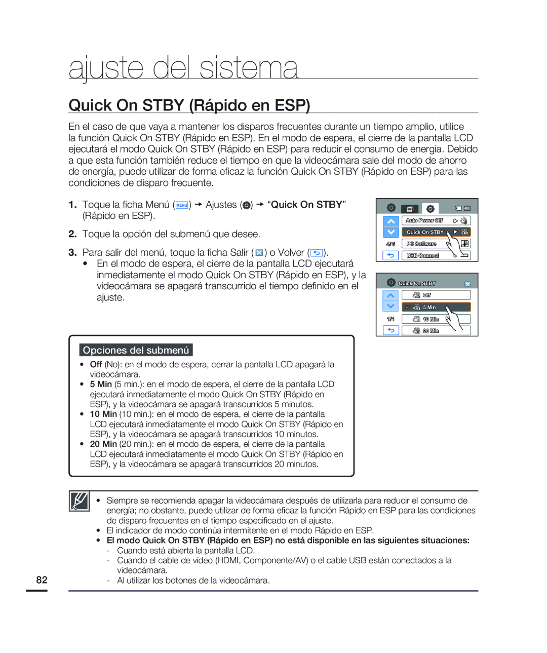 Samsung HMX-H200BN/XAA manual Quick On Stby Rápido en ESP 