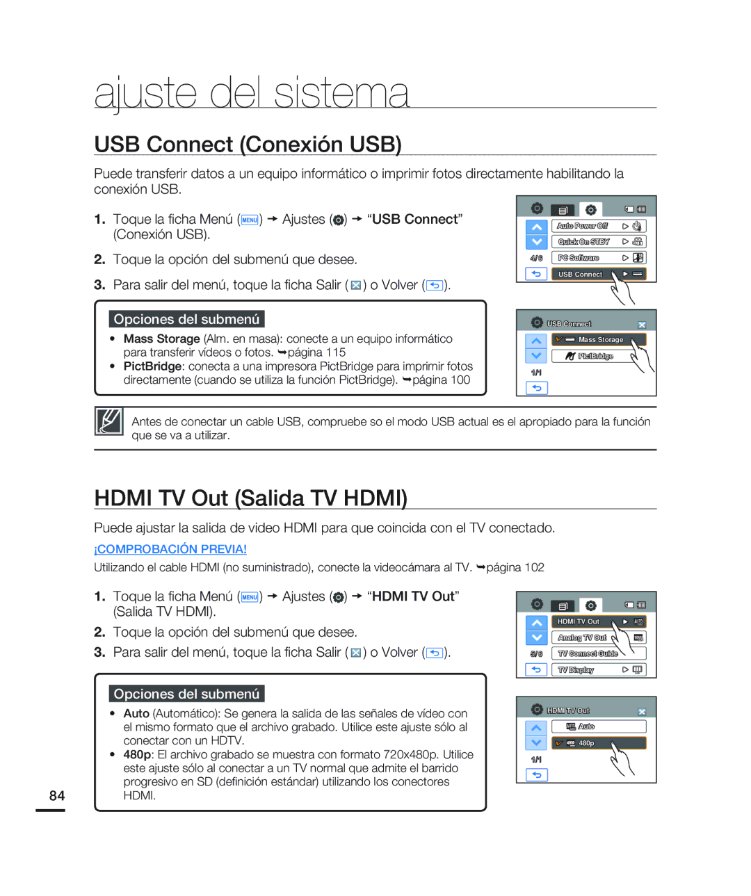 Samsung HMX-H200BN/XAA manual USB Connect Conexión USB, Hdmi TV Out Salida TV Hdmi 