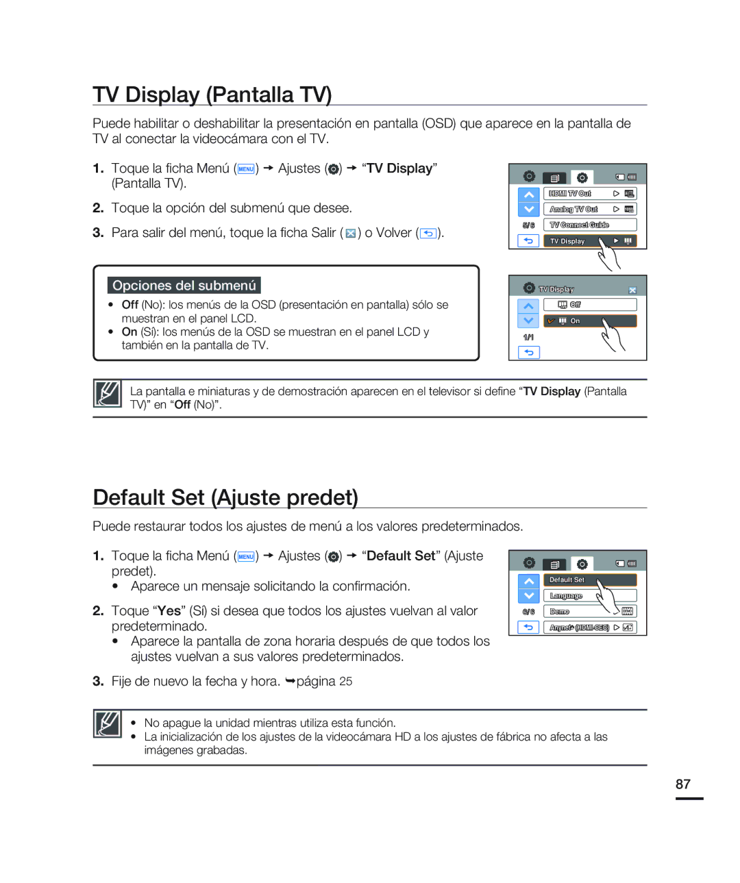 Samsung HMX-H200BN/XAA manual TV Display Pantalla TV, Default Set Ajuste predet 