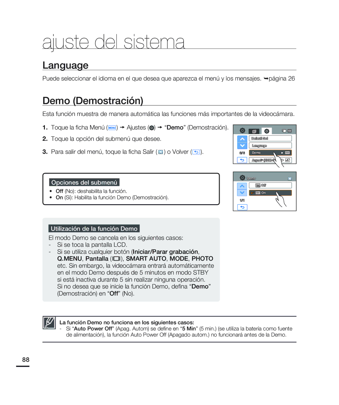 Samsung HMX-H200BN/XAA manual Language, Demo Demostración, Utilización de la función Demo 