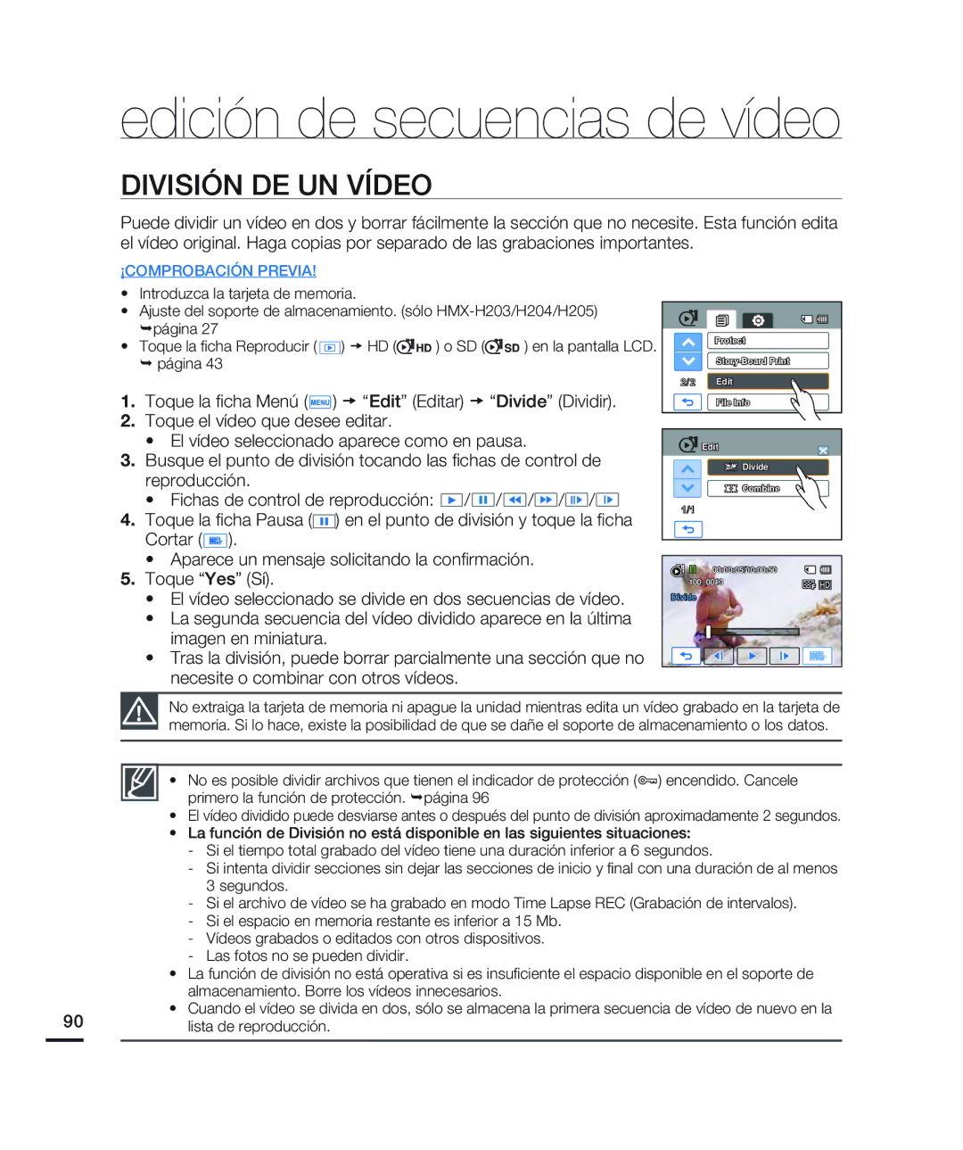 Samsung HMX-H200BN/XAA manual Edición de secuencias de vídeo, División DE UN Vídeo 