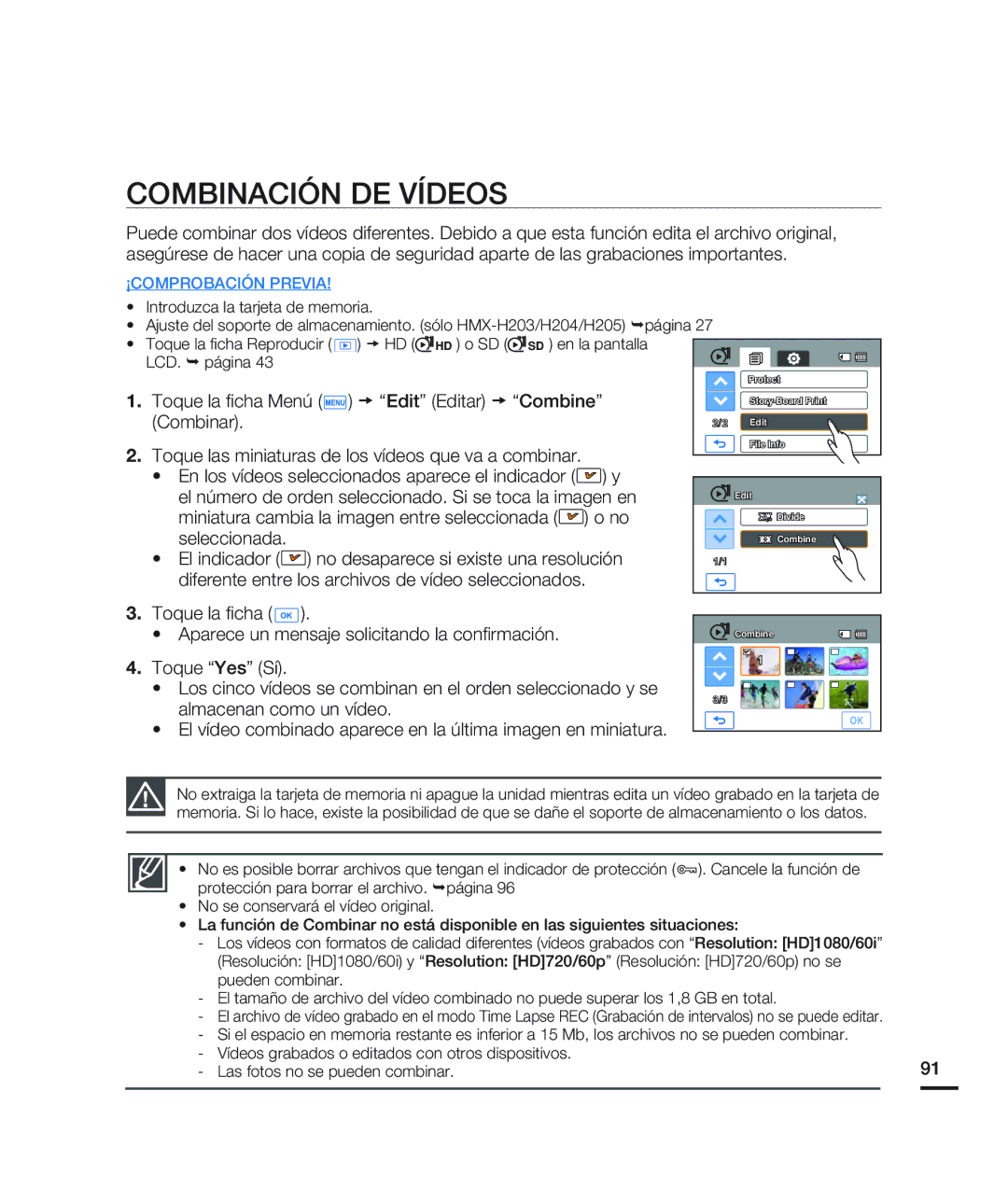 Samsung HMX-H200BN/XAA manual Combinación DE Vídeos, Toque las miniaturas de los vídeos que va a combinar, Seleccionada 