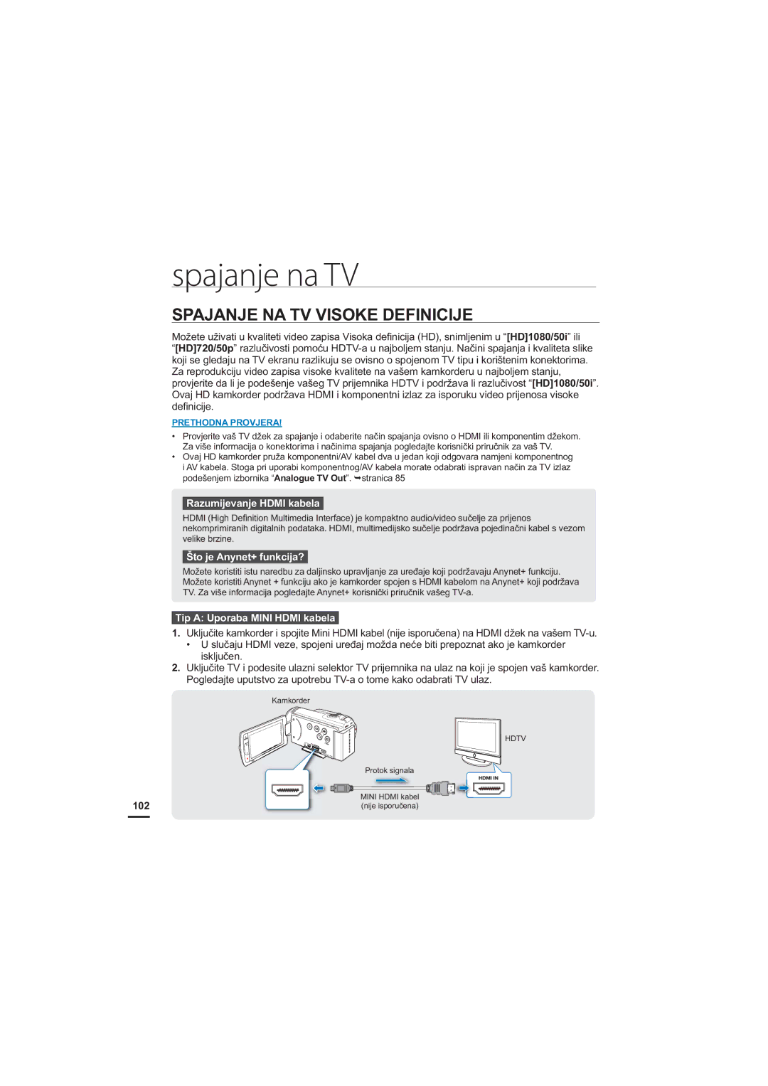 Samsung HMX-H200RP/EDC manual Spajanje na TV, Spajanje NA TV Visoke Definicije, 5DXPLMHYDQMH+0,NDEHOD, LVNOMXþHQ 