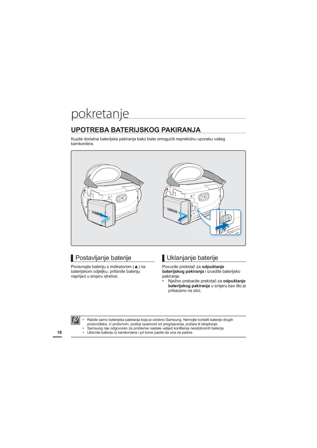 Samsung HMX-H200BP/EDC, HMX-H205SP/EDC manual Pokretanje, Upotreba Baterijskog Pakiranja, 8NODQMDQMHEDWHULMH, Ndpnrughud 