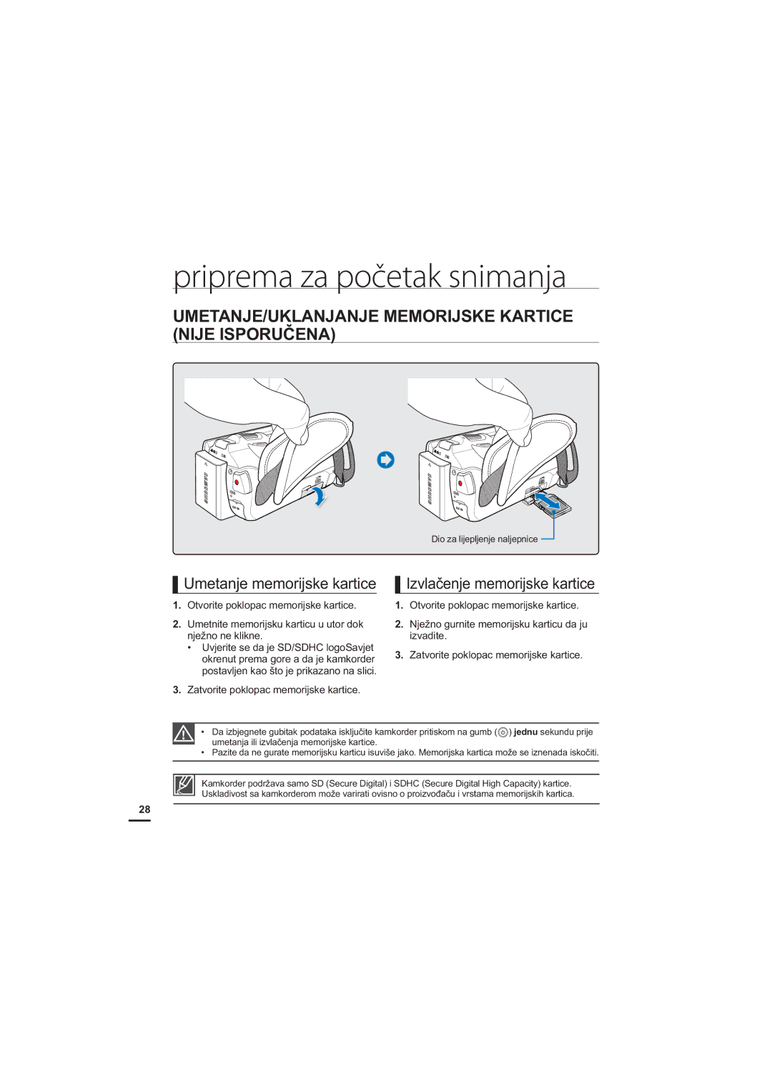 Samsung HMX-H200BP/EDC manual UMETANJE/UKLANJANJE Memorijske Kartice 1,-,63258ý1$, 8PHWDQMHPHPRULMVNHNDUWLFH, Lydglwh 