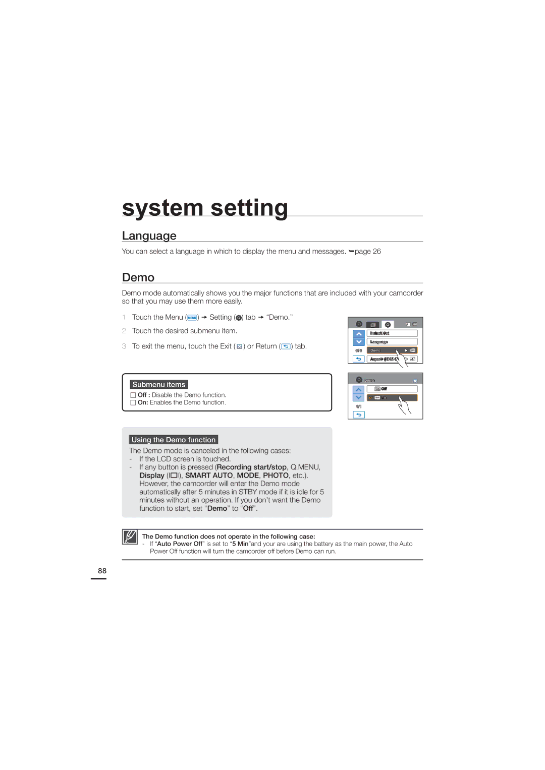 Samsung HMX-H200SN, HMX-H200N, 07660-2112 user manual Language, Using the Demo function 