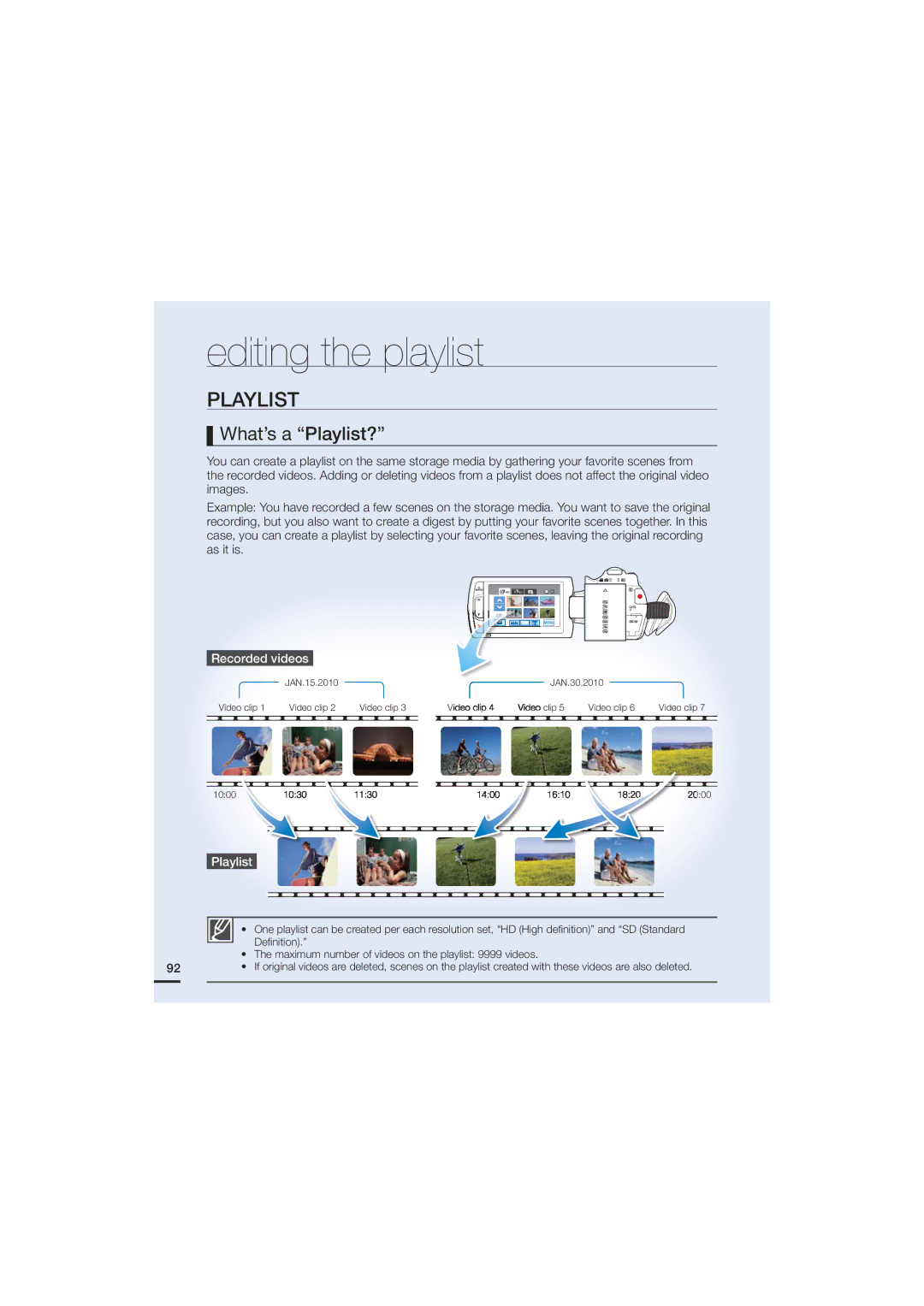 Samsung 07660-2112, HMX-H200N, HMX-H200SN user manual Editing the playlist, What’s a Playlist?, Recorded videos 