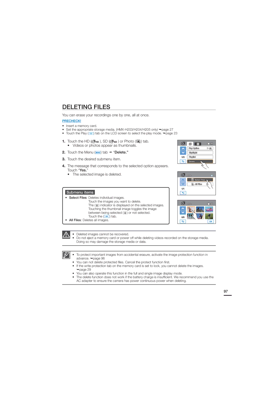 Samsung HMX-H200SN, HMX-H200N, 07660-2112 user manual Deleting Files, You can erase your recordings one by one, all at once 