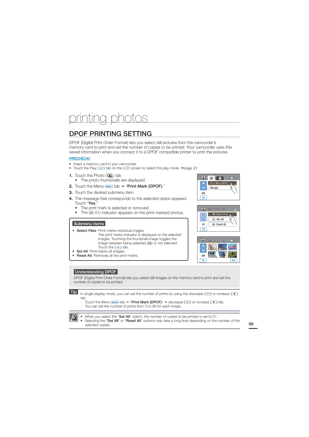 Samsung HMX-H200N, HMX-H200SN, 07660-2112 user manual Printing photos, Dpof Printing Setting, Understanding Dpof 