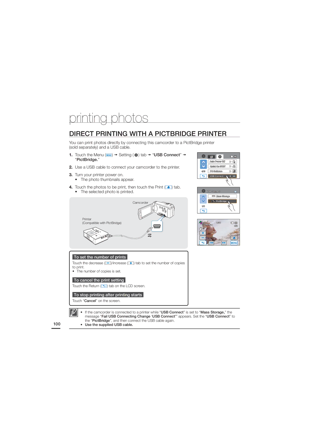 Samsung HMX-H200SN Direct Printing with a Pictbridge Printer, To set the number of prints, To cancel the print setting 