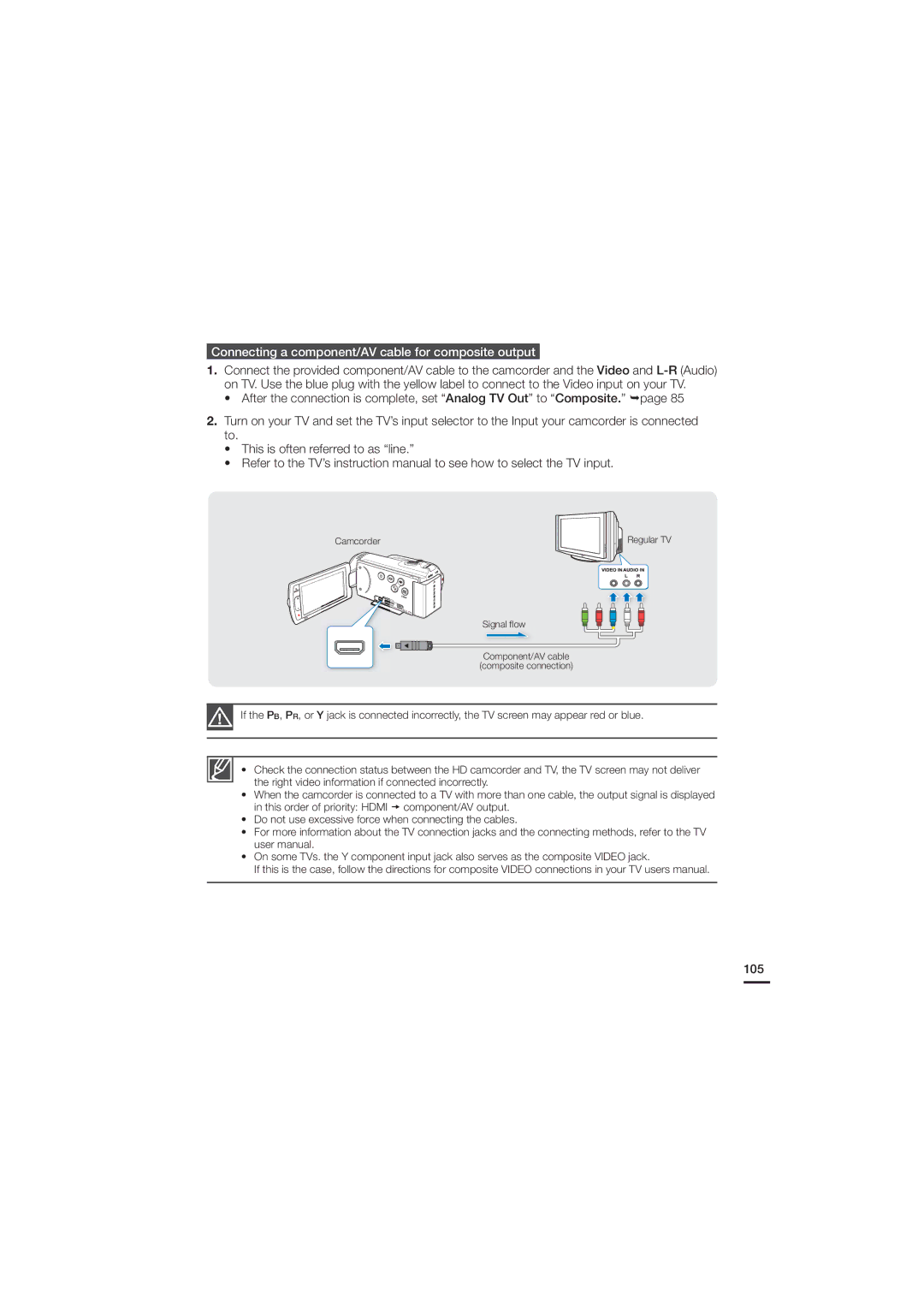 Samsung HMX-H200N, HMX-H200SN, 07660-2112 user manual Connecting a component/AV cable for composite output, 105 