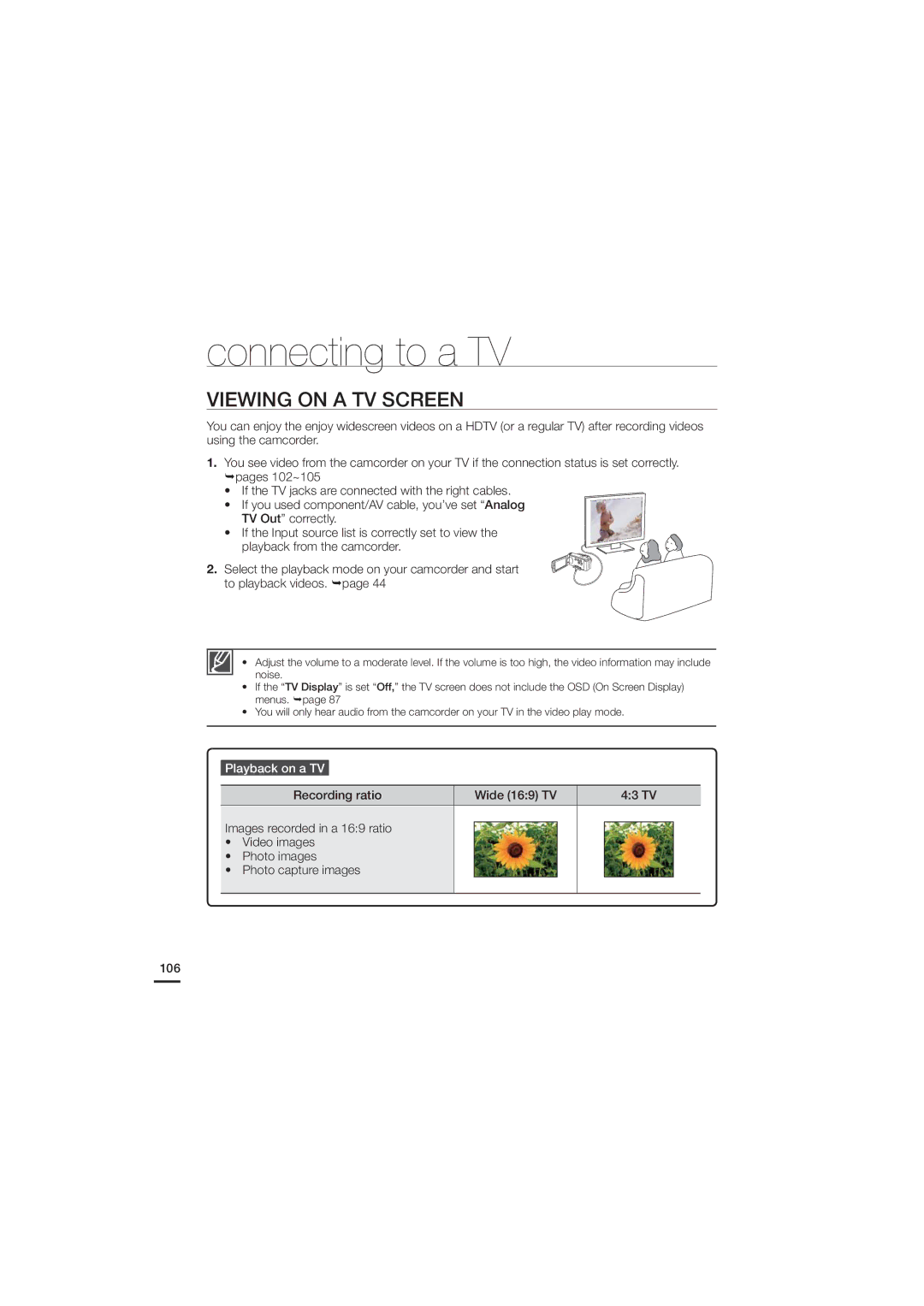 Samsung HMX-H200SN, HMX-H200N, 07660-2112 Viewing on a TV Screen, Playback on a TV, Recording ratio 8JEF  57, 43 TV 