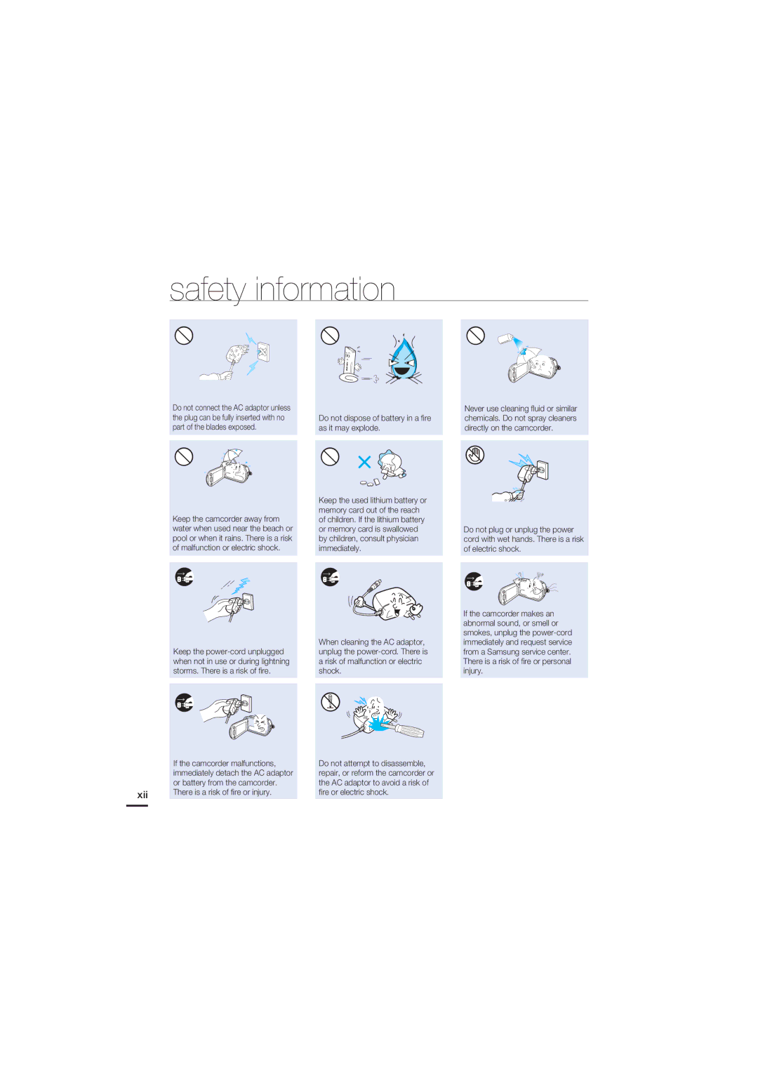 Samsung HMX-H200N, HMX-H200SN, 07660-2112 user manual Safety information 