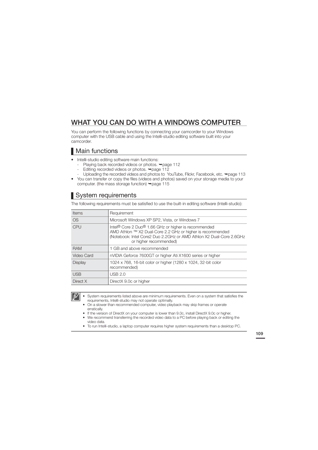 Samsung HMX-H200SN, HMX-H200N, 07660-2112 What YOU can do with a Windows Computer, Main functions, System requirements 