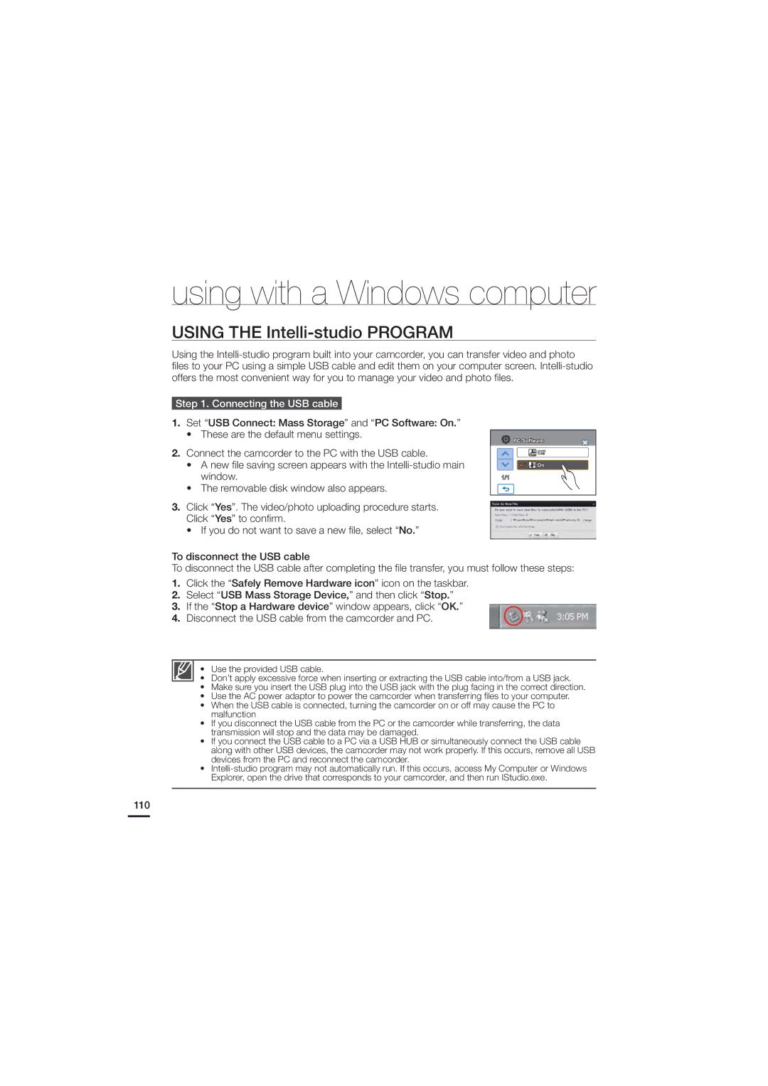 Samsung 07660-2112, HMX-H200N Using the Intelli-studio Program, Connect the camcorder to the PC with the USB cable, 110 