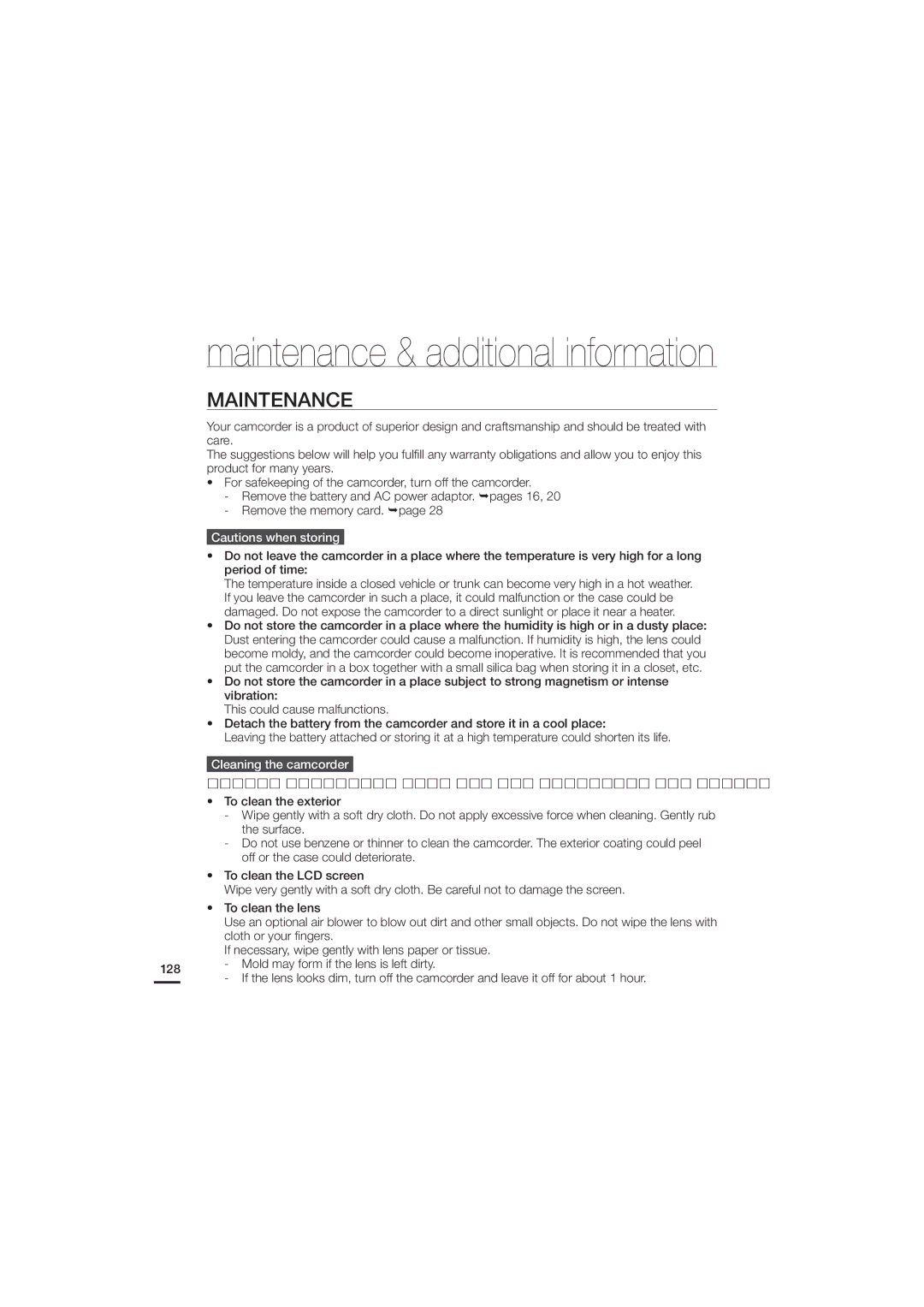 Samsung 07660-2112, HMX-H200N, HMX-H200SN user manual Maintenance, Cleaning the camcorder 