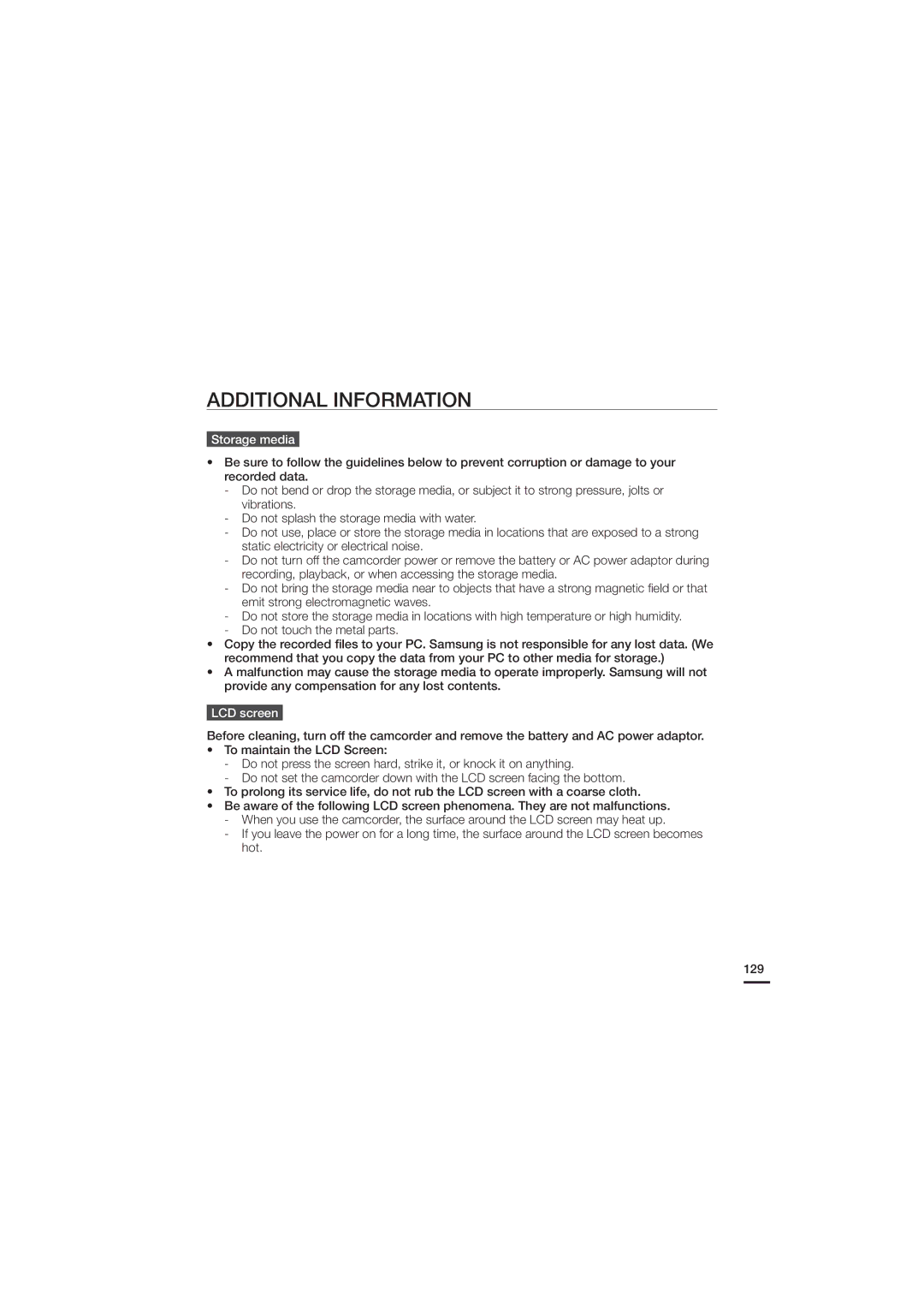 Samsung HMX-H200N, HMX-H200SN, 07660-2112 user manual Additional Information, Storage media, LCD screen 