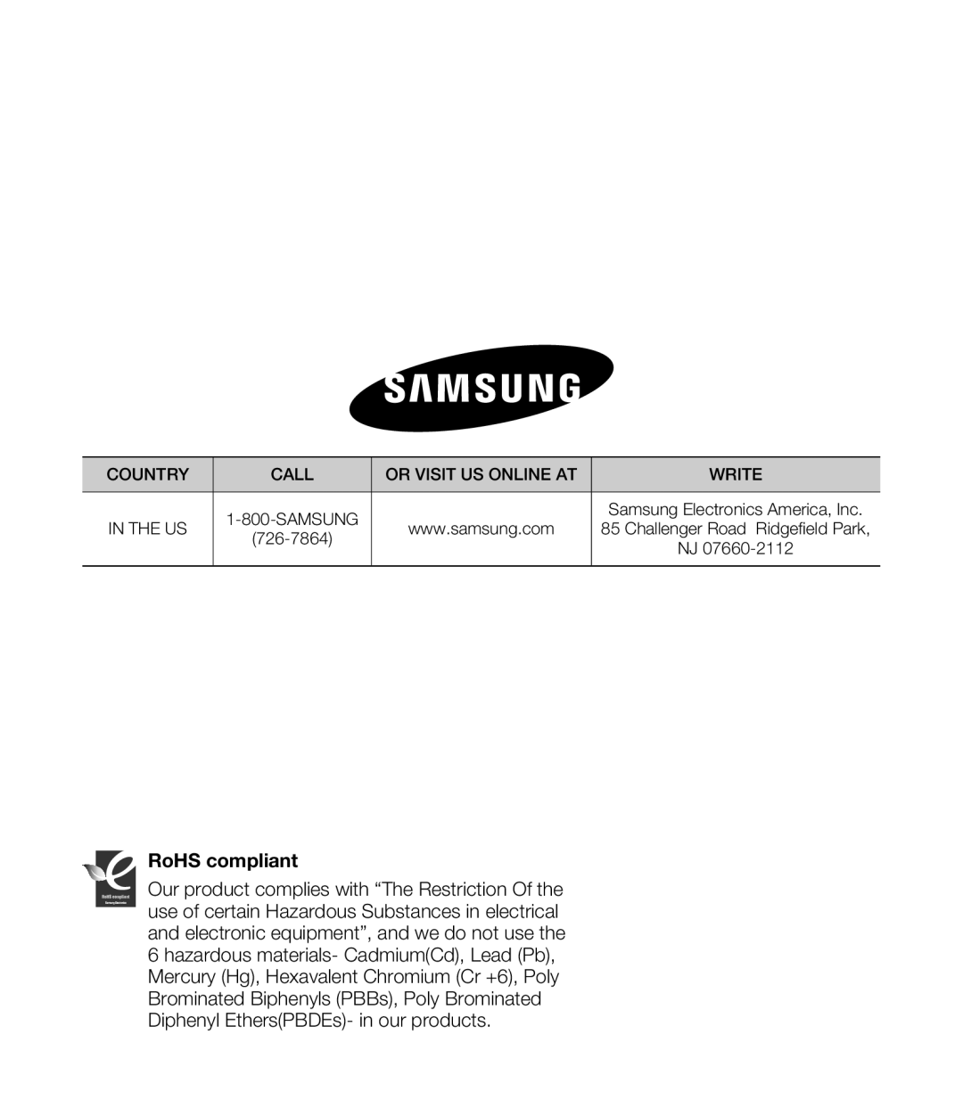 Samsung HMX-H200SN, HMX-H200N, 07660-2112 user manual RoHS compliant 