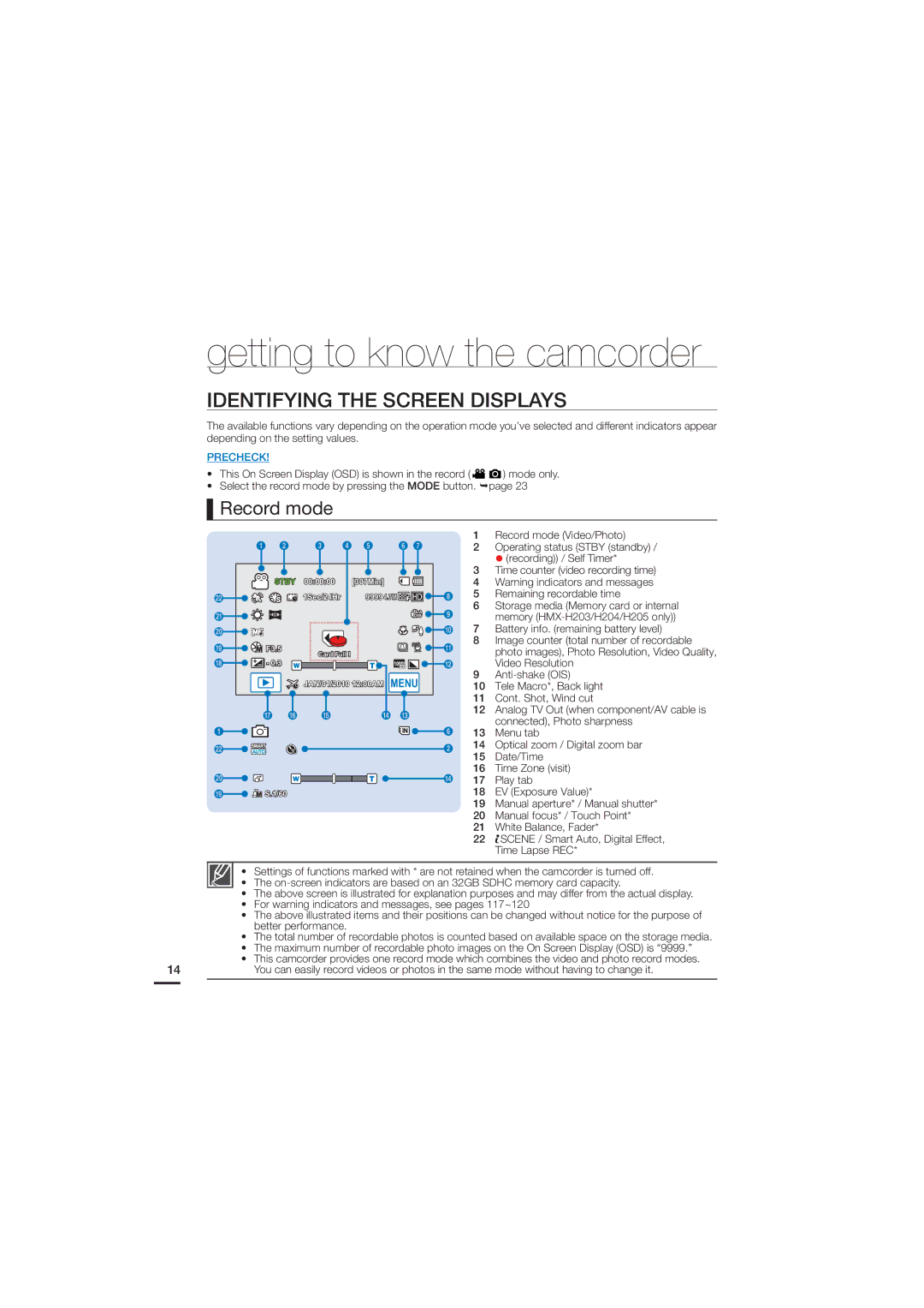 Samsung 07660-2112, HMX-H200N, HMX-H200SN user manual Identifying the Screen Displays, Record mode 