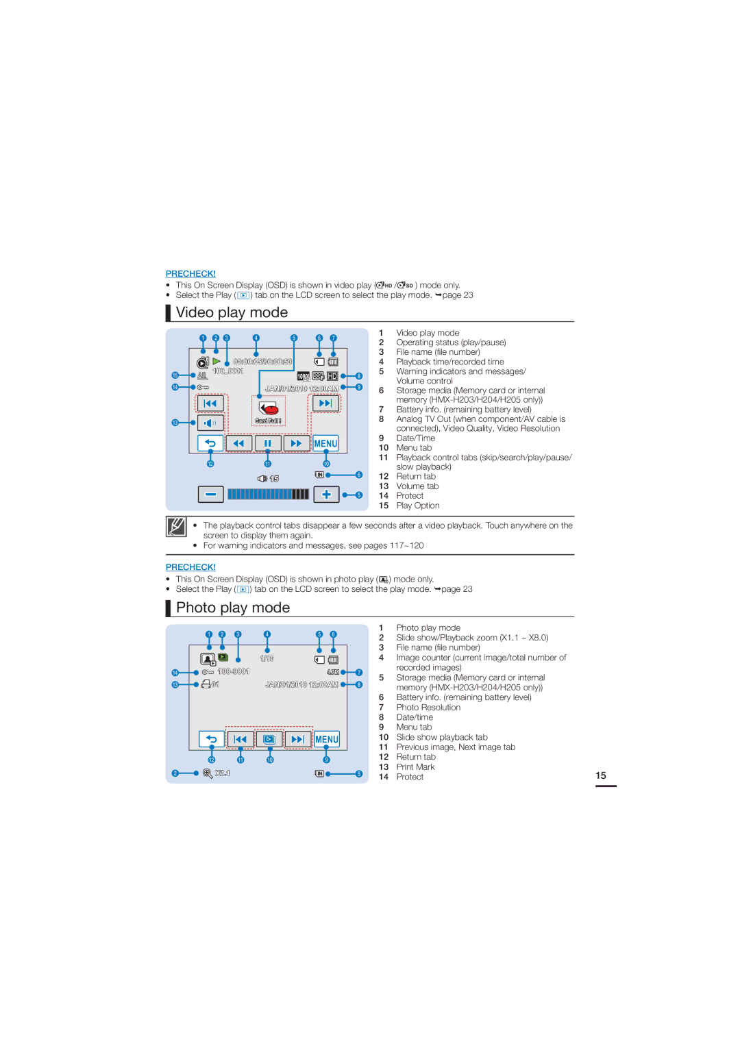 Samsung HMX-H200N, HMX-H200SN, 07660-2112 user manual Video play mode, Photo play mode 