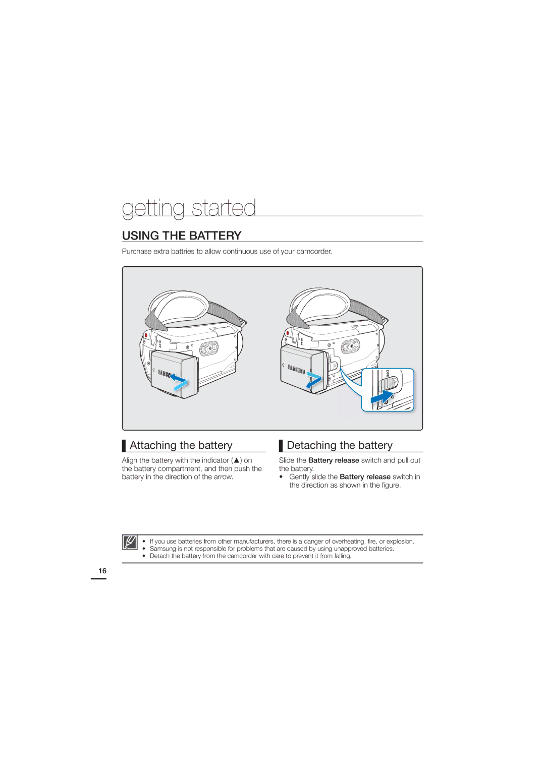 Samsung HMX-H200SN, HMX-H200N, 07660-2112 Getting started, Using the Battery, Attaching the battery, Detaching the battery 